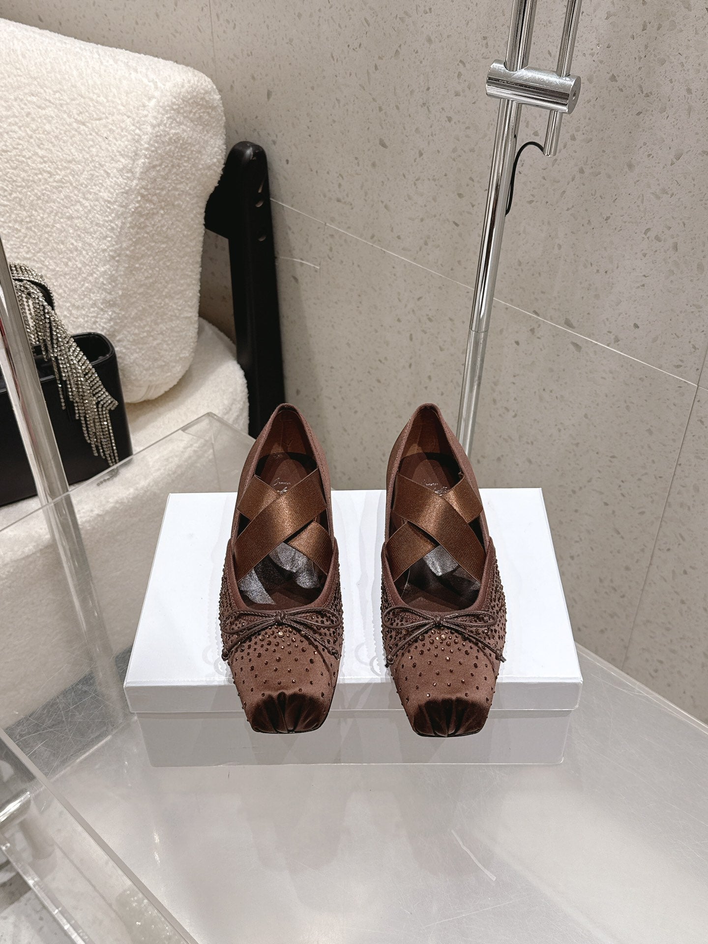 CL Ballet Butterfly Ballet Flats Diamond-Embellished Brown Satin 610814