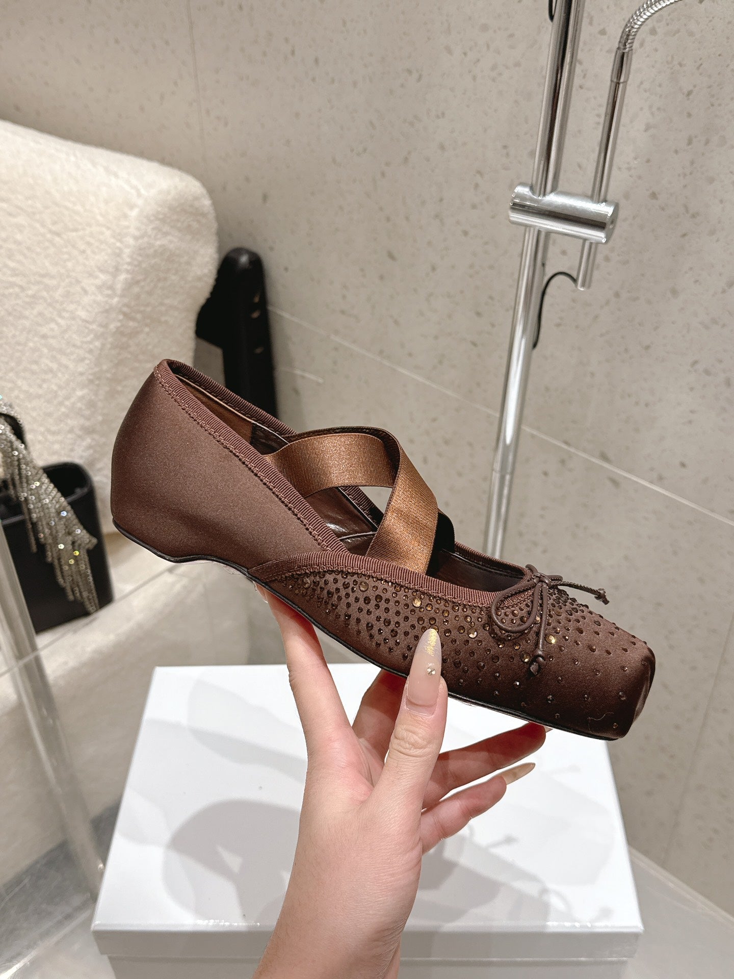 CL Ballet Butterfly Ballet Flats Diamond-Embellished Brown Satin 610814