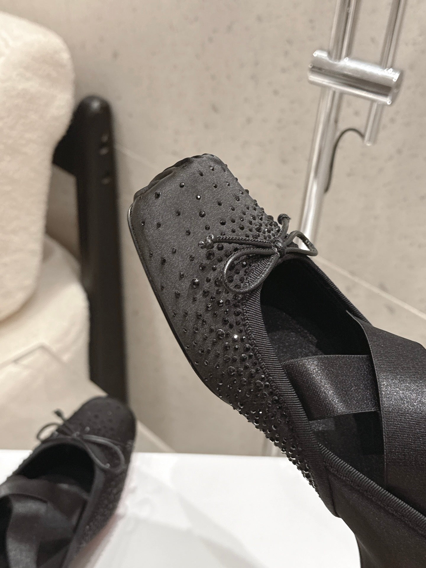 CL Ballet Butterfly Ballet Flats Diamond-Embellished Black Satin 610815