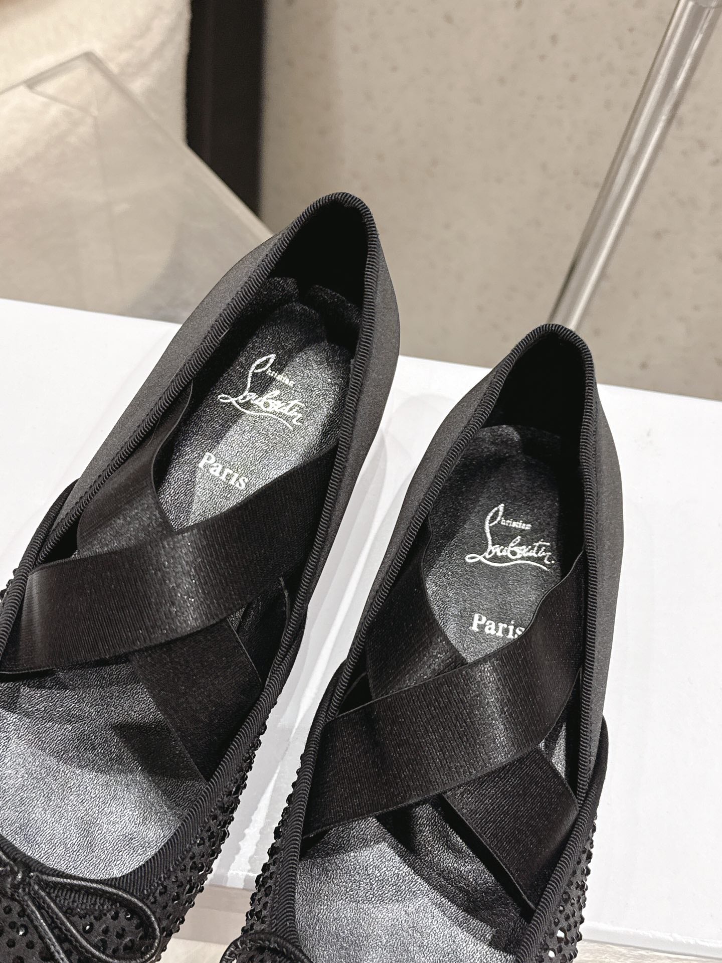 CL Ballet Butterfly Ballet Flats Diamond-Embellished Black Satin 610815