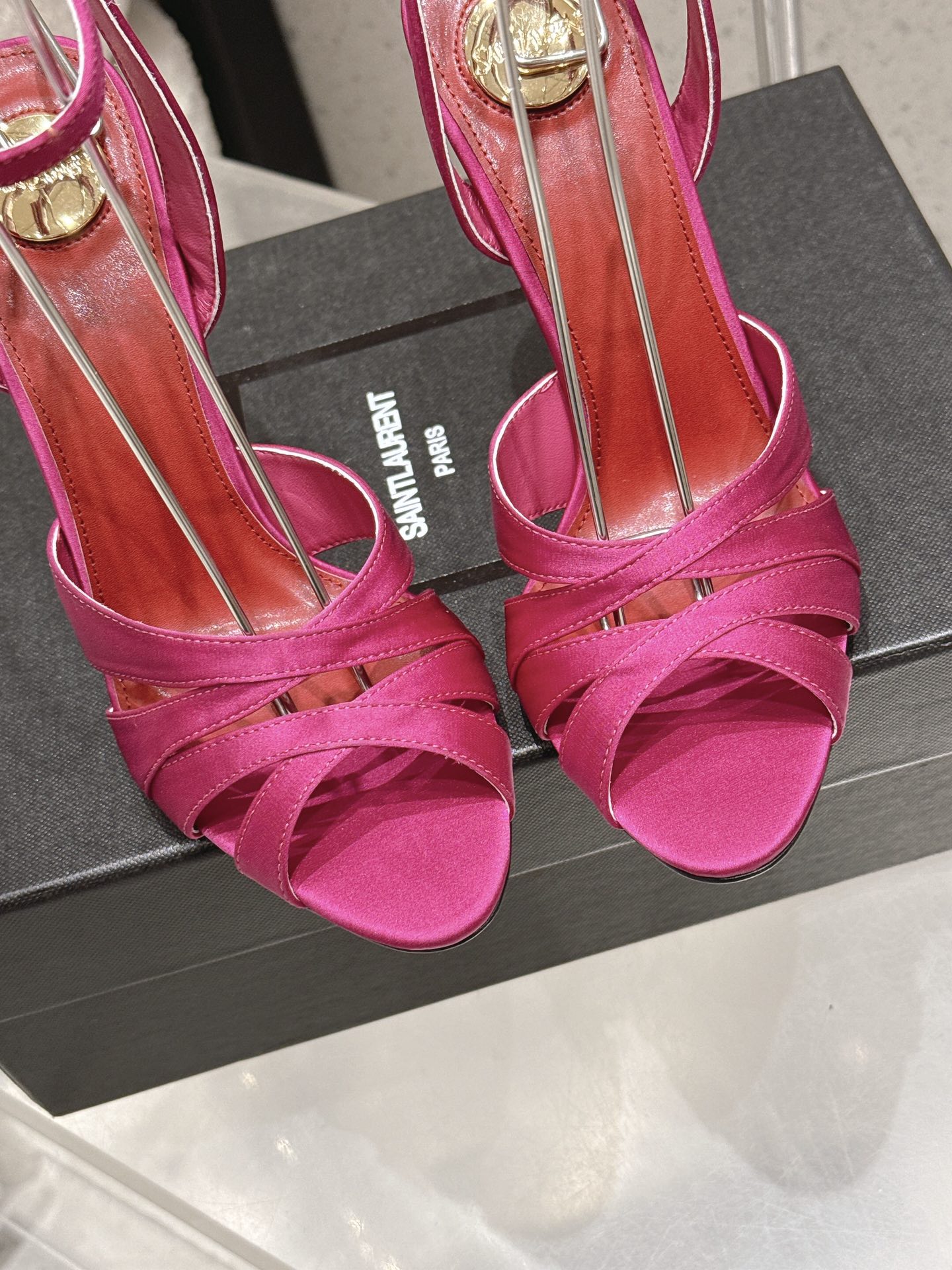 YSL Chandelle Sandals 10.5 Hot Pink Red Satin 610693