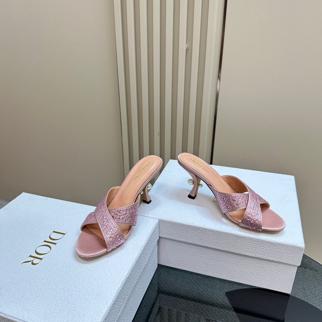 CD Tribales Heeled Slide 80mm Light Pink Lambskin And Studded With Stones