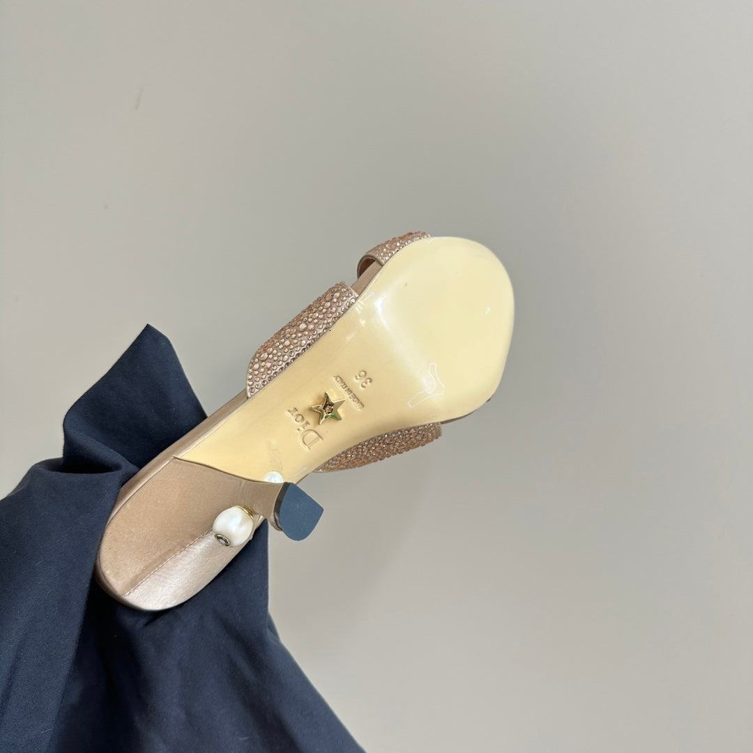 CD Tribales Heeled Slide 80mm Beige Lambskin And Studded With Stones