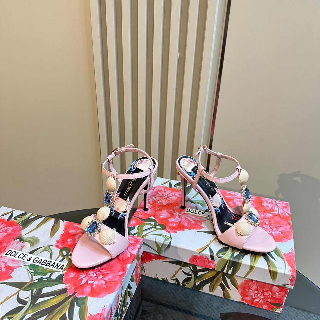 DC 24 Shell Rhinestone High Heel Sandals Pink Cowhide & Sheepskin 946157