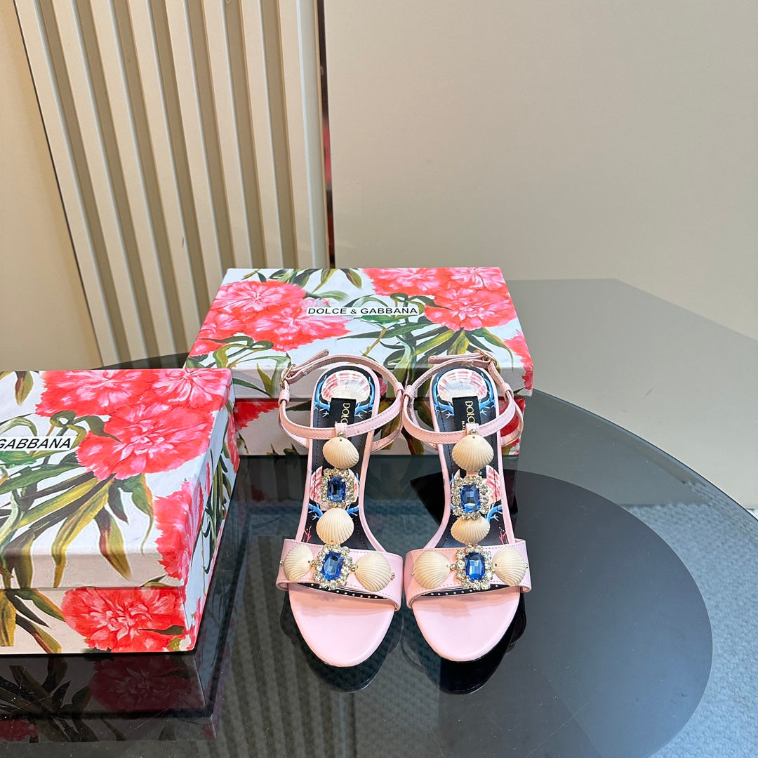 DC 24 Shell Rhinestone High Heel Sandals Pink Cowhide & Sheepskin 946157