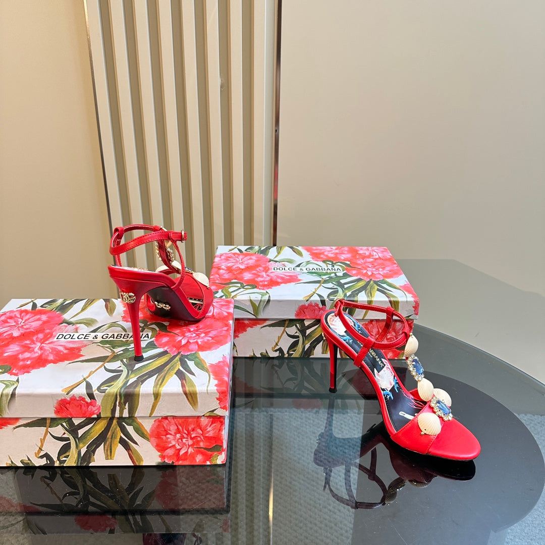 DC 24 Shell Rhinestone High Heel Sandals Red Cowhide & Sheepskin 946161