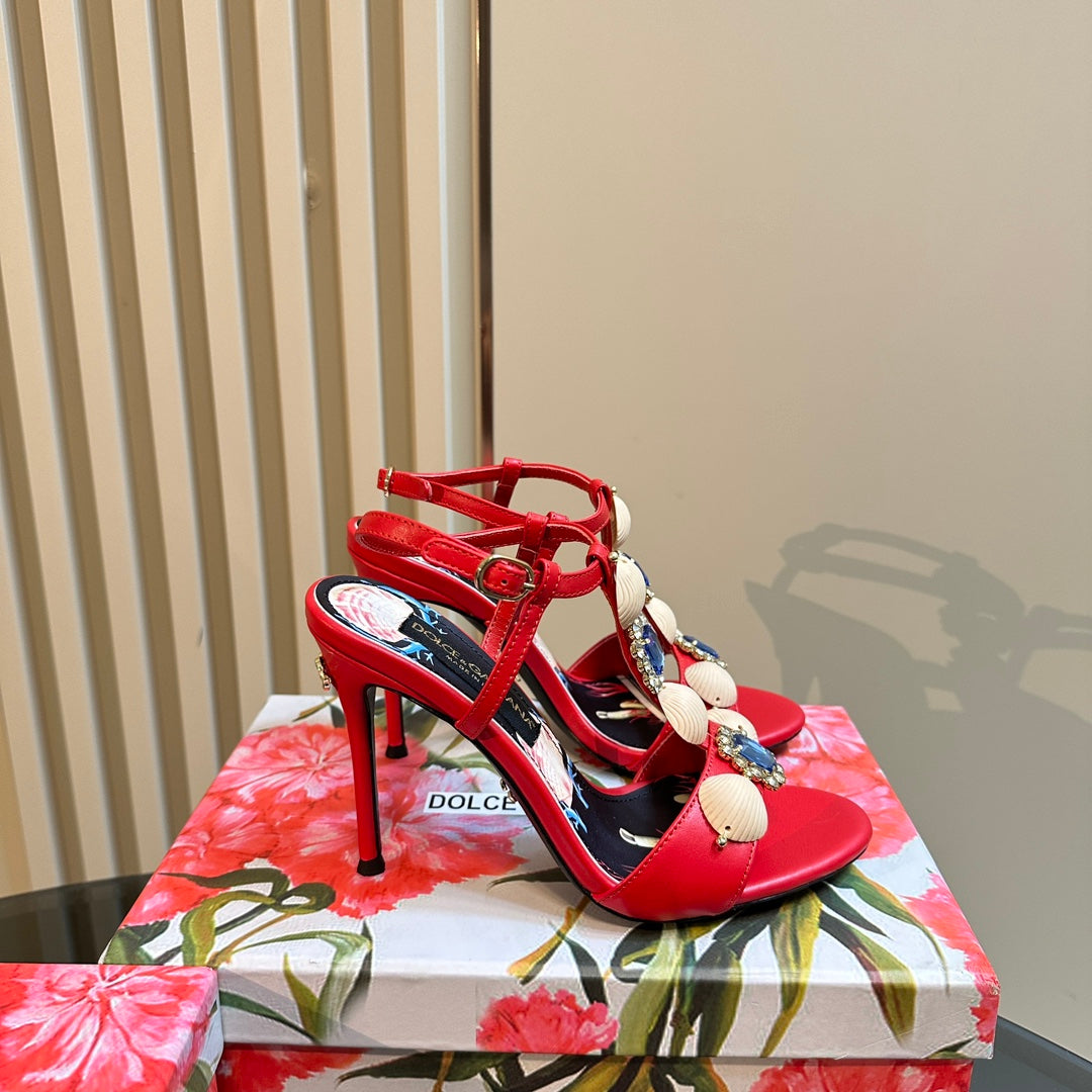 DC 24 Shell Rhinestone High Heel Sandals Red Cowhide & Sheepskin 946161