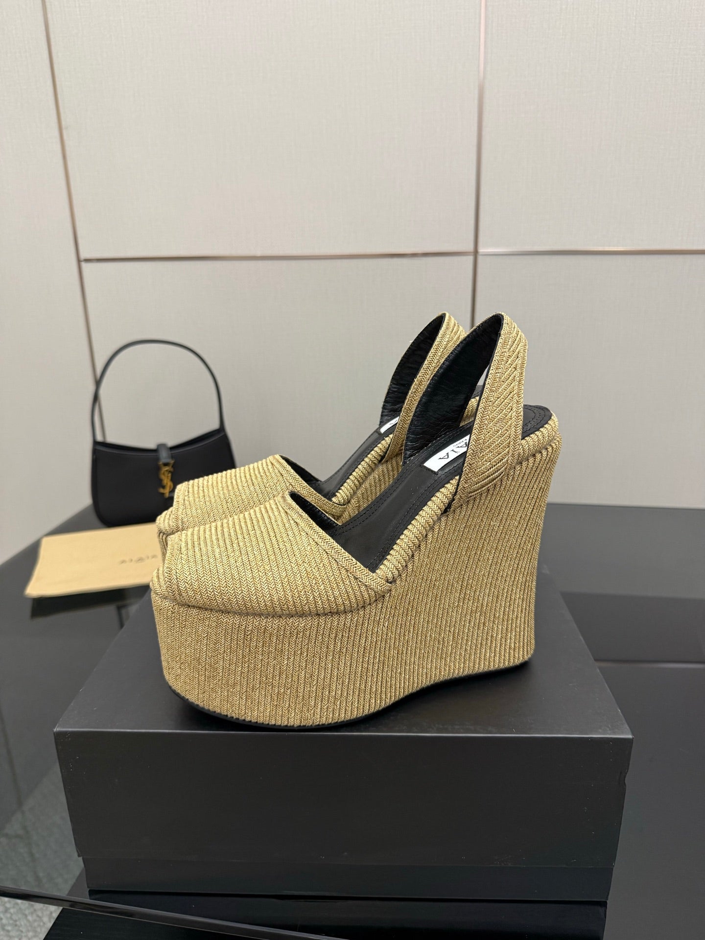 ALAIA platform sandal golden beige sheepskin 389630