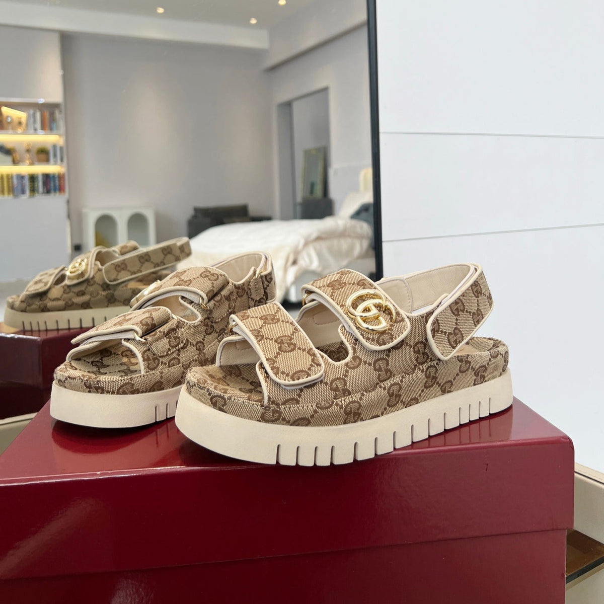 GG 26s Velcro Strap Sandals In Beige And Dark Brown Monogram Canvas Gold Hardware