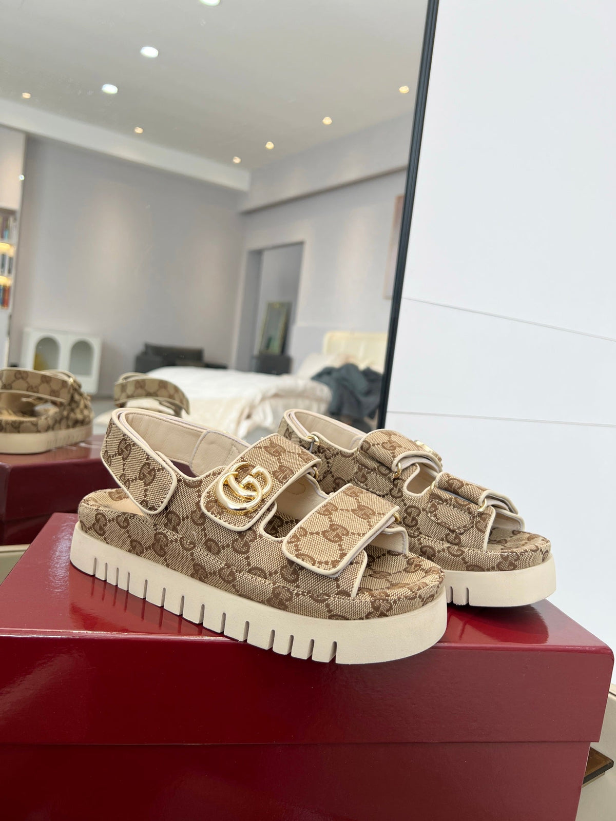 GG 26s Velcro Strap Sandals In Beige And Dark Brown Monogram Canvas Gold Hardware