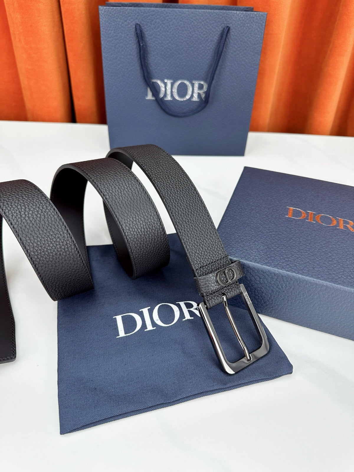 Dior 2026 CD Icon Grained Belt 35mm Black Calfskin