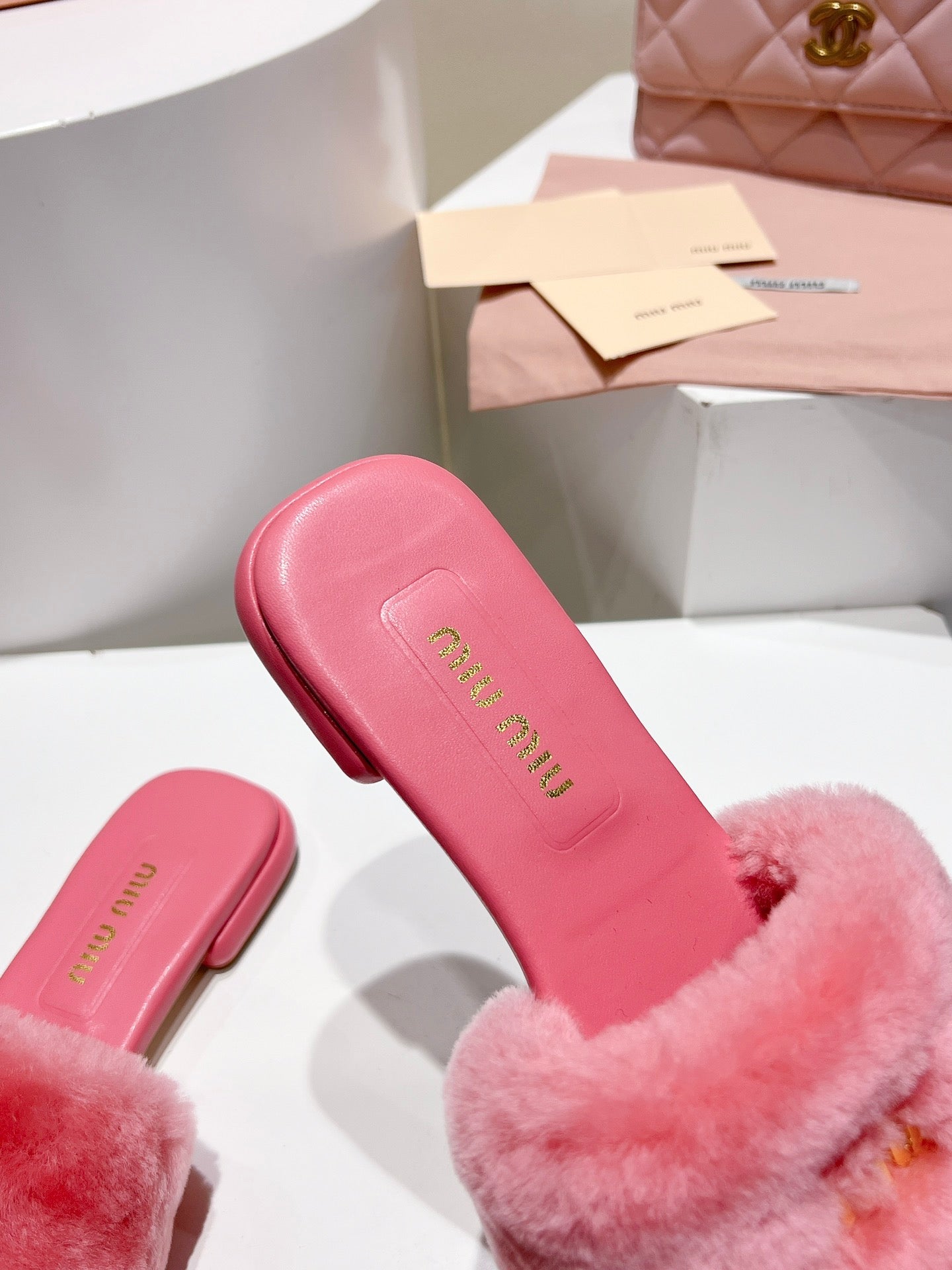 Miu Slides Hot Pink Leather Fur 739563