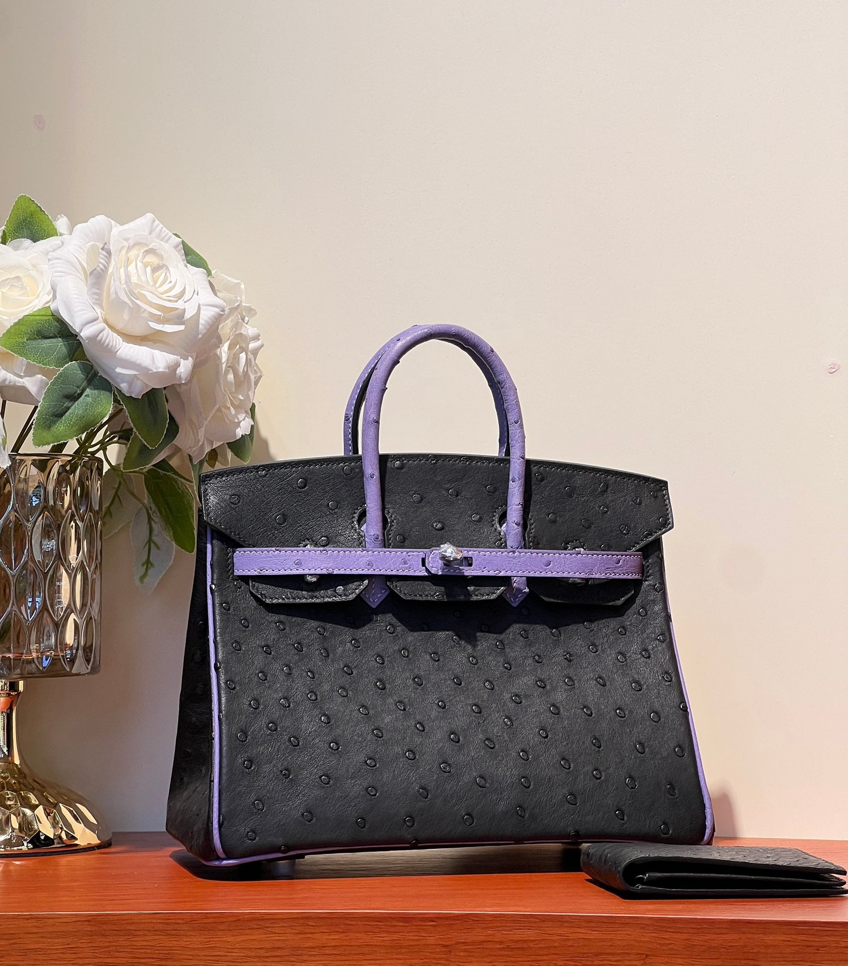 KELLY SELLIER 25 BAG IN BLACK MIX AMETHYST PURPLE OSTRICH LEATHER (MADE - TO - ODER)