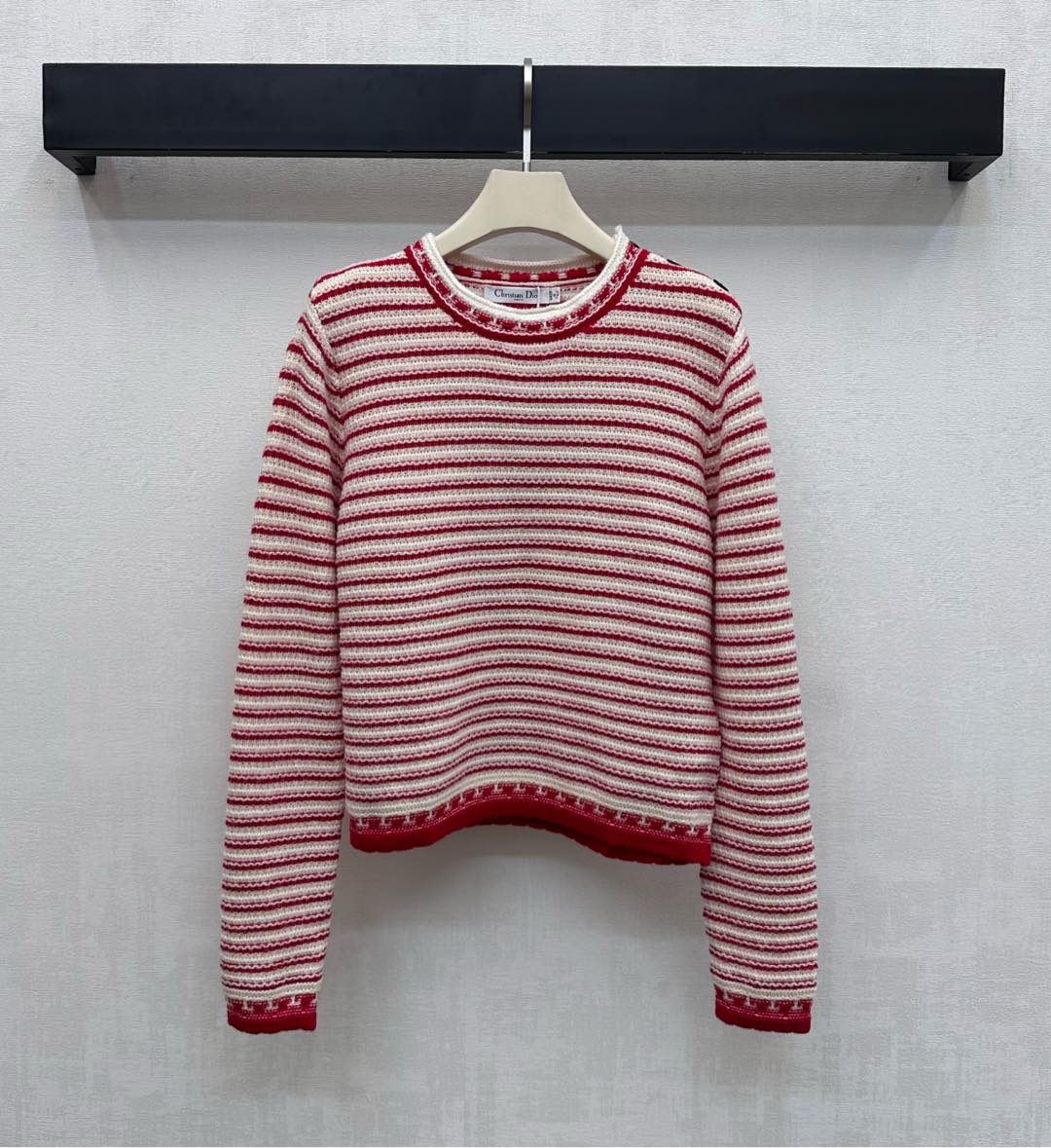 Dior 26S Striped  Crew Knit Red mix Cream Wool Cashmere 341972