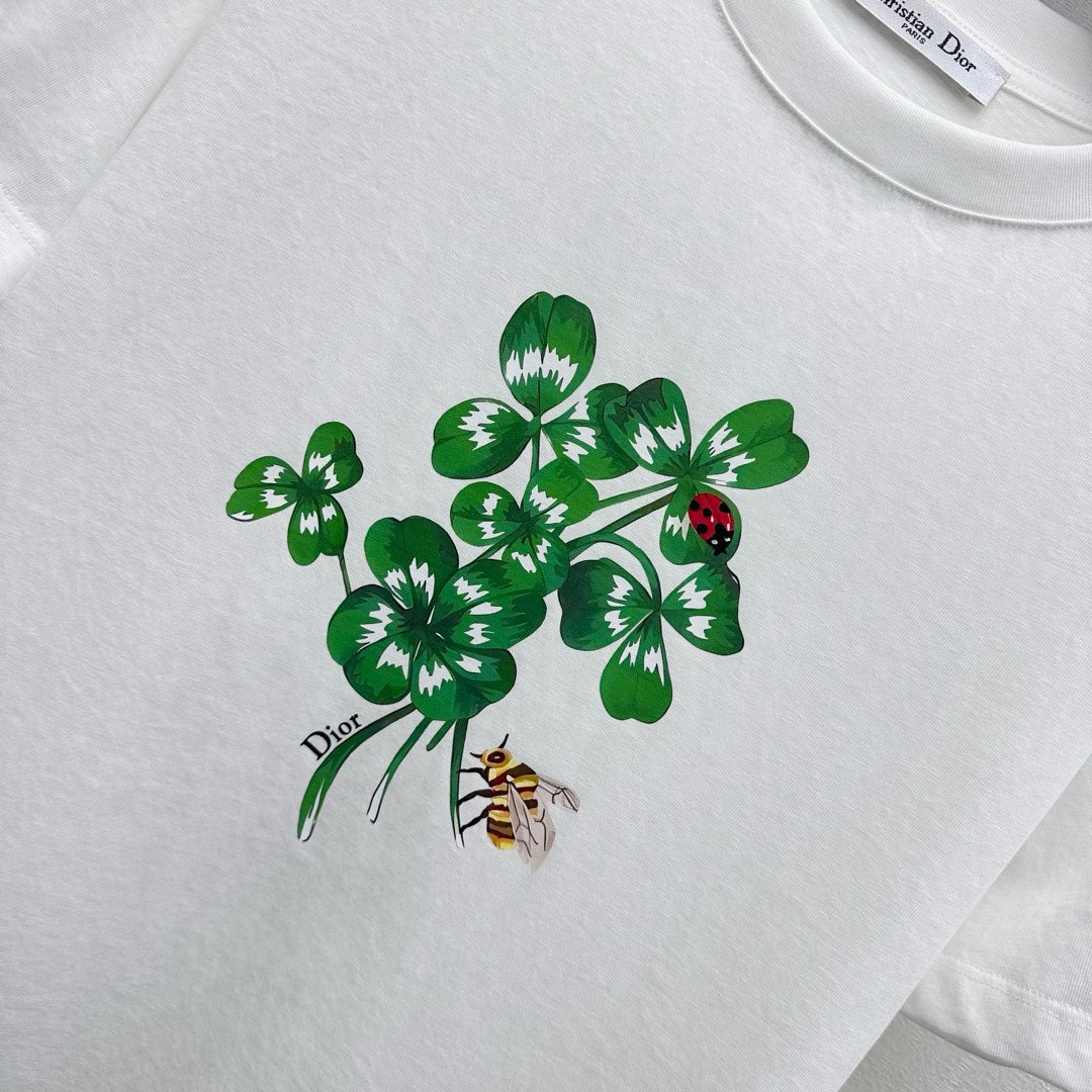 CD SS26 Fitted T-Shirt Green Dior Clover Motif White Cotton 351003
