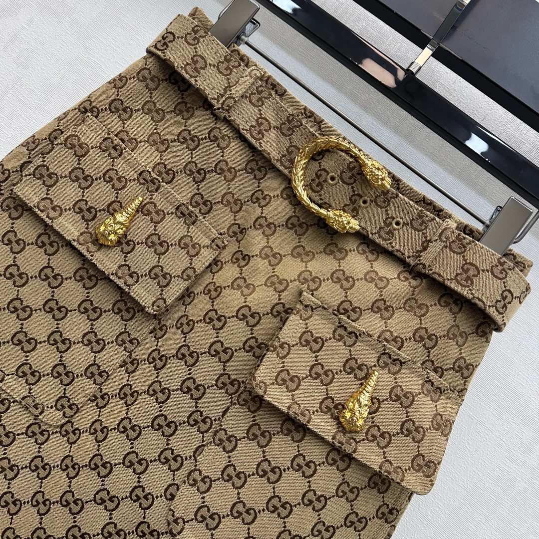 GG Skirt A-line Horsebit Belt Beige Monogram Canvas Jacquard 349815