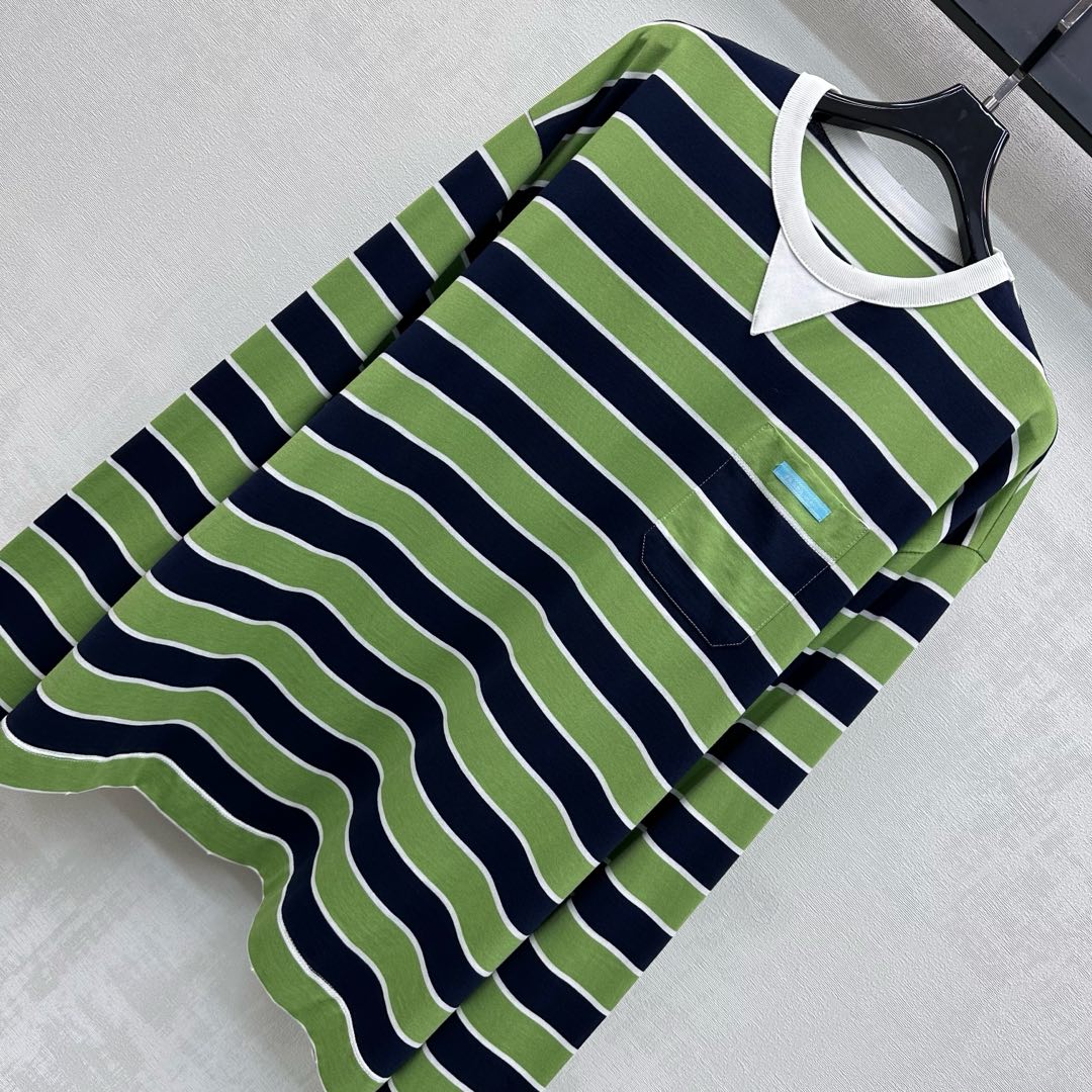Prada Crew Neck Striped Block T-Shirt Blue Fern Green Cotton 350365