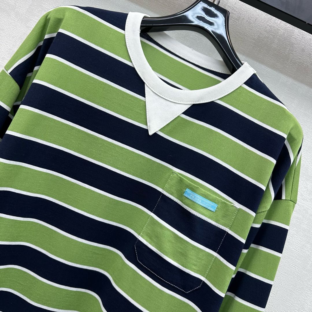 Prada Crew Neck Striped Block T-Shirt Blue Fern Green Cotton 350365