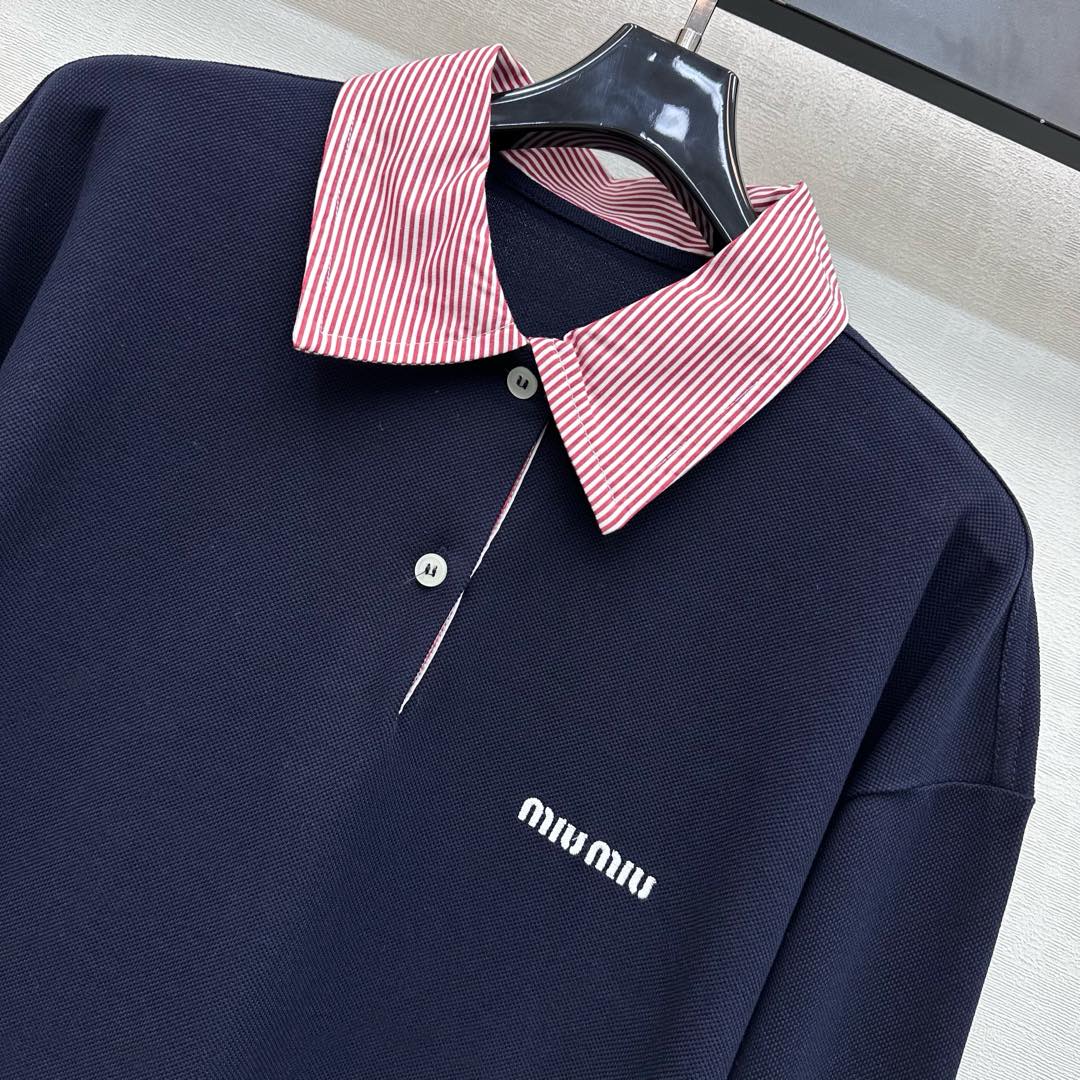 Miu SS26 Piqué Oversize Polo Shirt Navy Bleu Cotton 350370