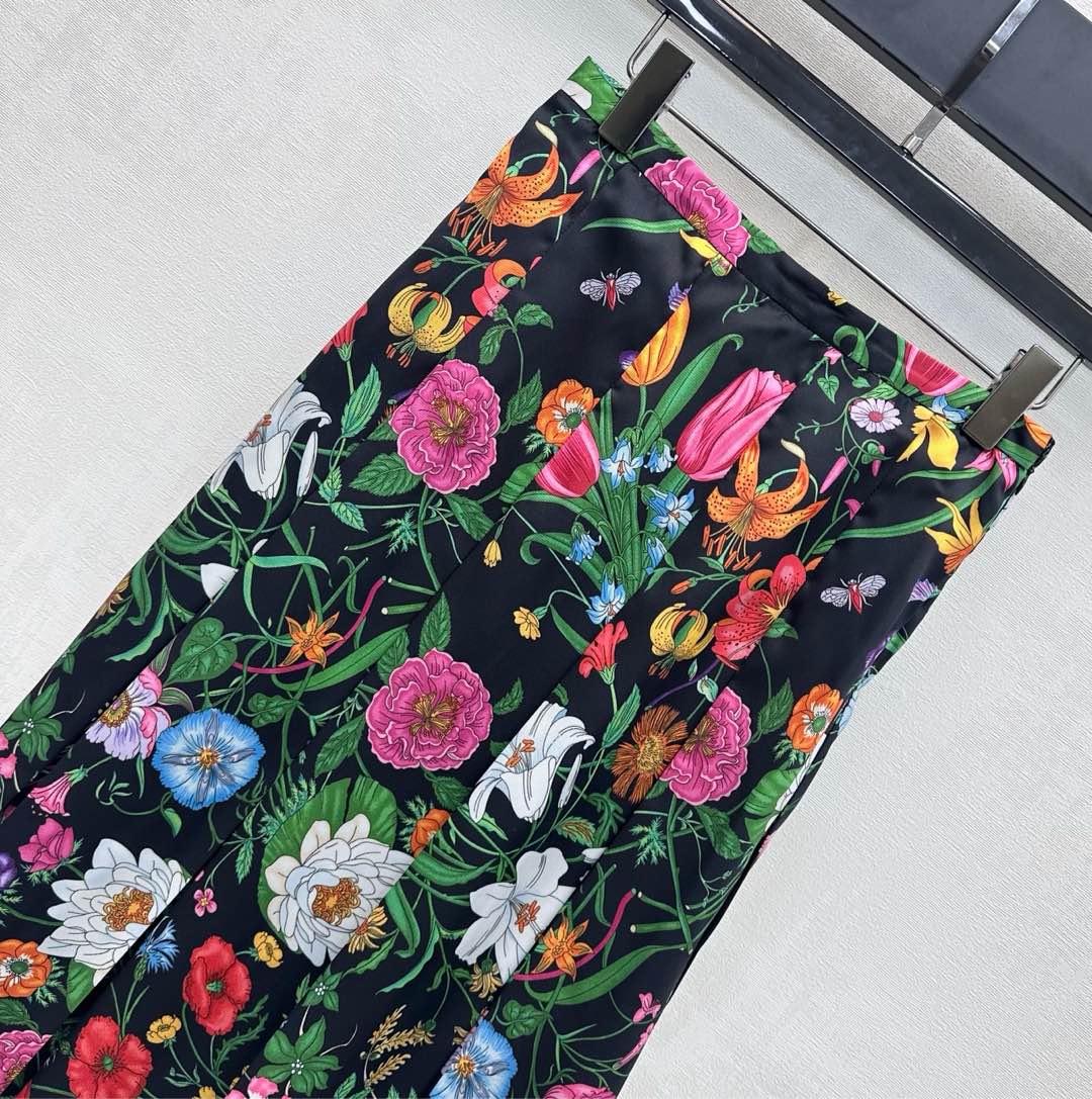 GG Printed Twill Pleated Skirt Black Multicolor Silk 349756