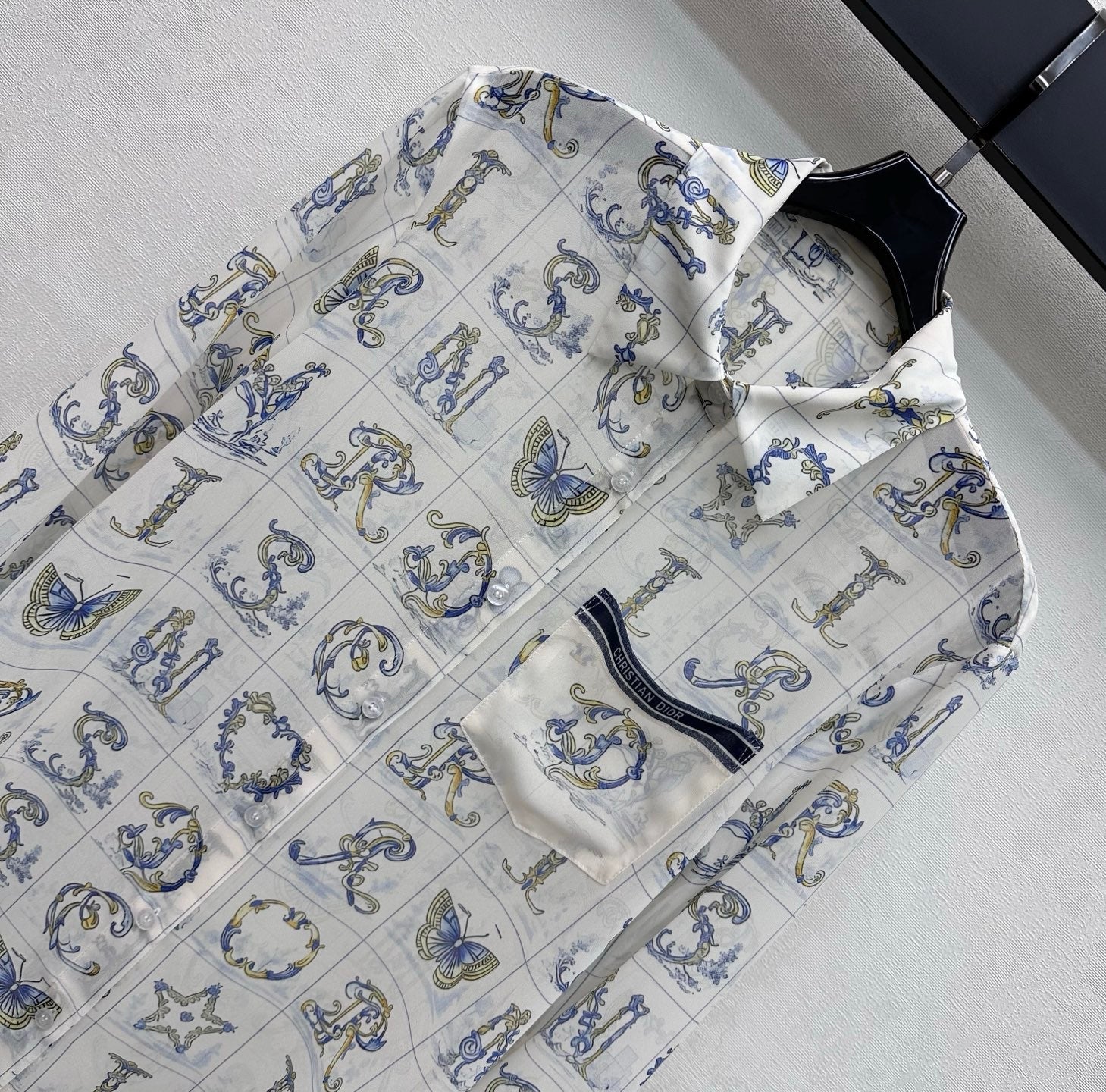 CD 26s Monogrammed Long-Sleeved Shirt White Navy Blue Polyester Fiber