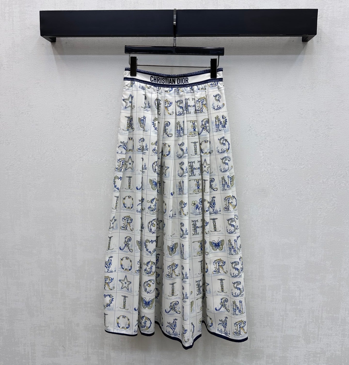 CD 26s Monogrammed Midi Skirt White Navy Blue Polyester Fiber