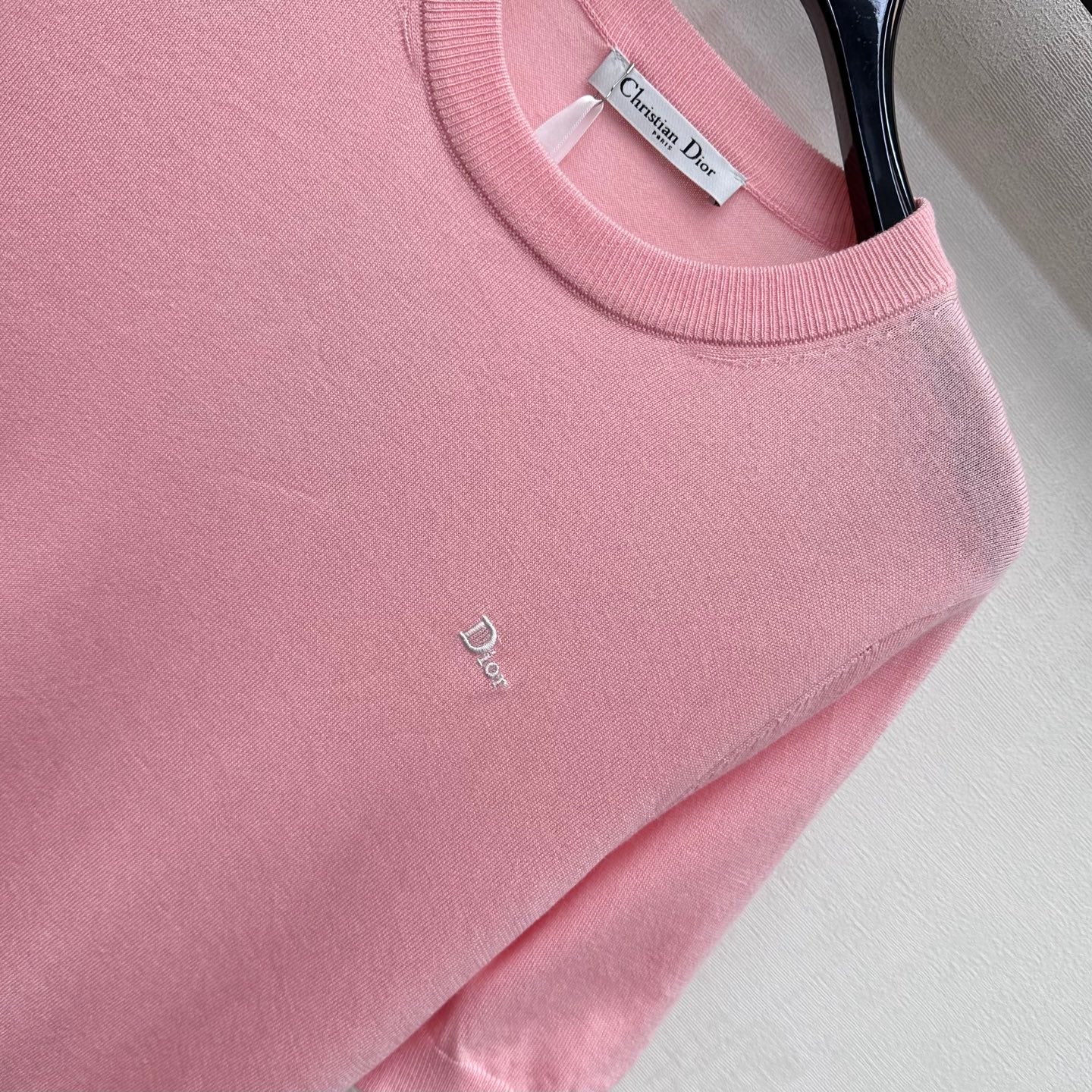 CD Letter Embroidery Short-Sleeve Knit Top Pink Wool 378374