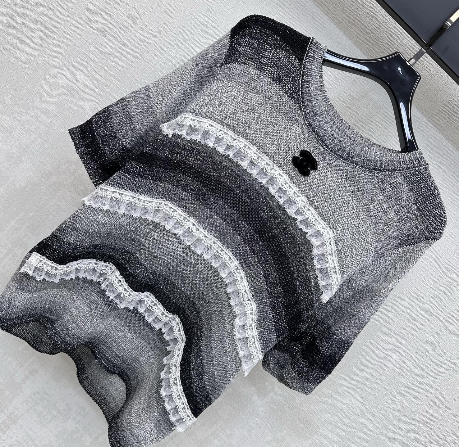 CC 26s Short-Sleeve Knit Top Black White Wool Polyester 378336
