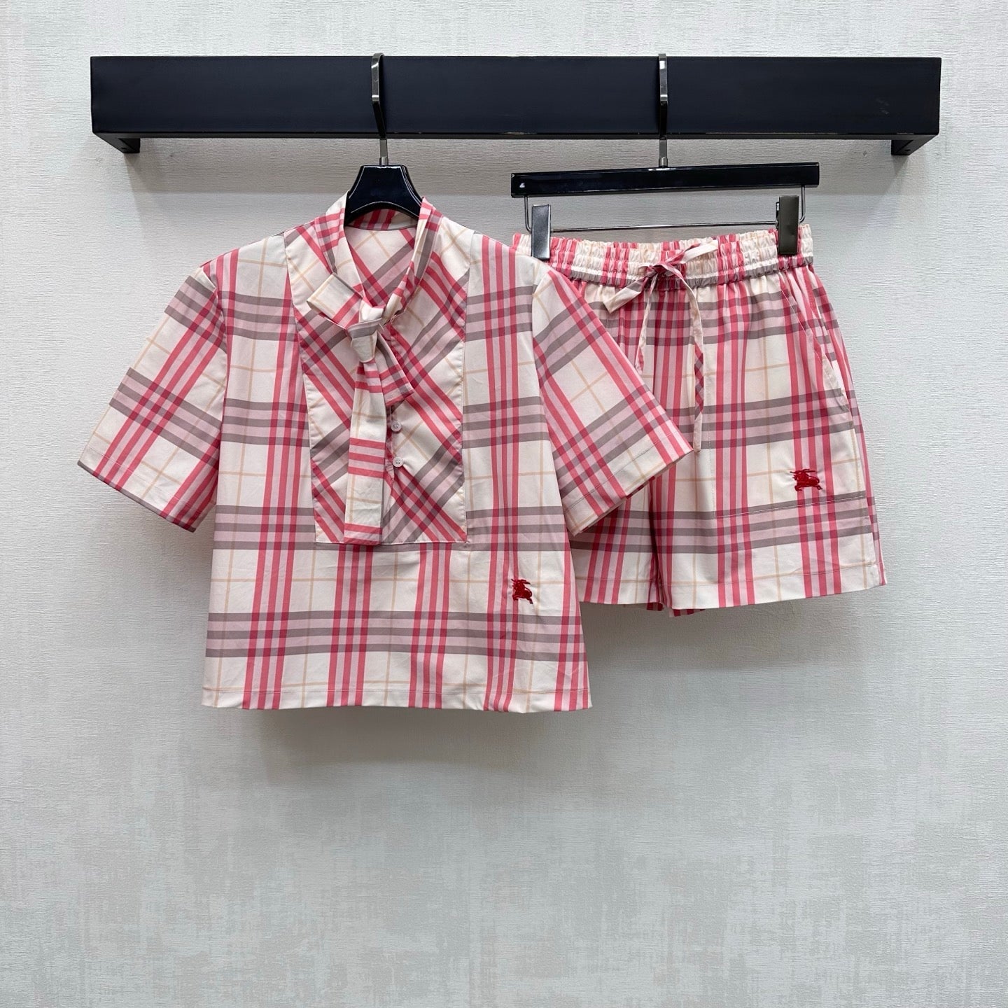 Burberry Checked Shirt Short Set Pink Ivory Polyester