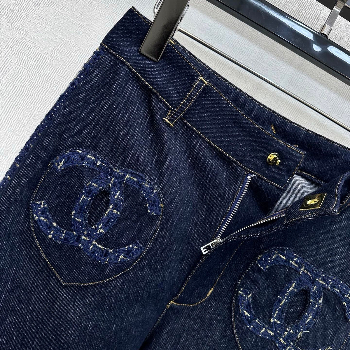 CC 26s Tweed Trim Wide Leg Jeans CC Logo Pockets Navy Blue Denim Cotton 427692