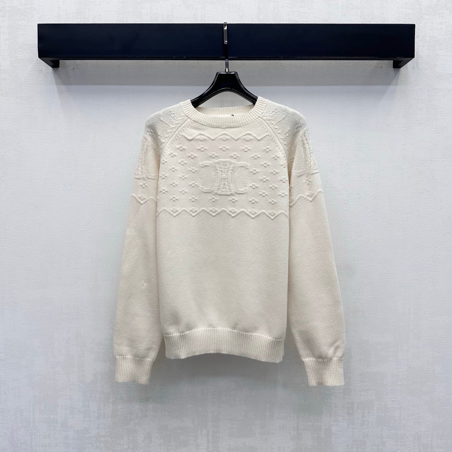 Celine 26s Jacquard Knit Long-Sleeved Top Cream Wool 421309