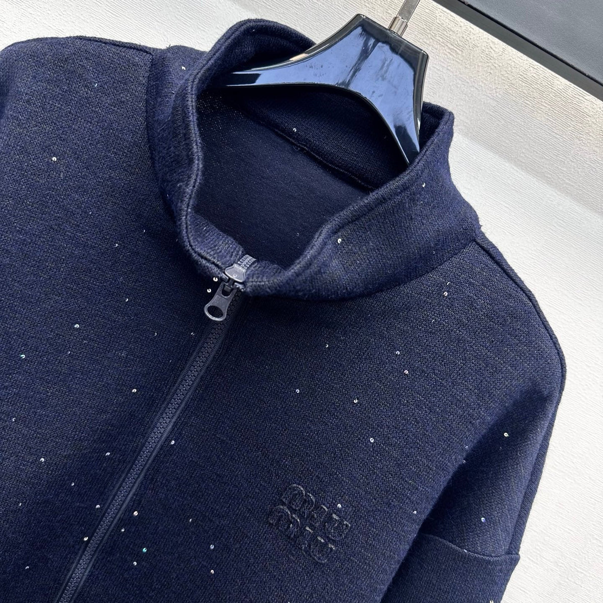 Miu Miu Zip Up Jacket Navy Glitter Wool Blend 434184