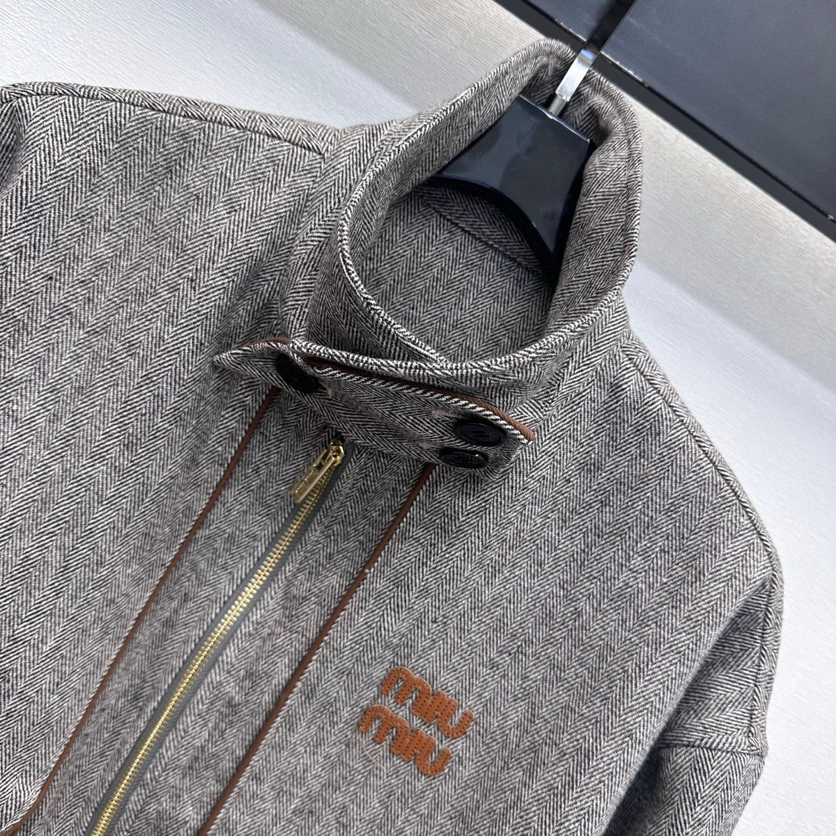 Miu Miu Bomber Jacket Grey Tweed Cotton Blend 434176