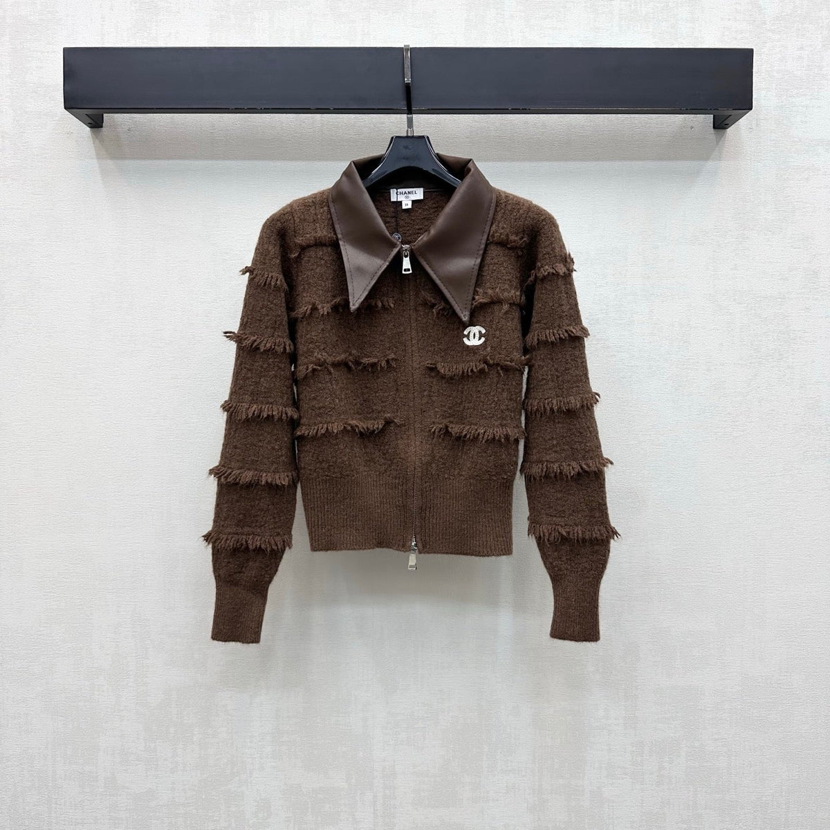 CC 26s Fringed Knit Zip Up Jacket Brown Wool Cashmere 434126