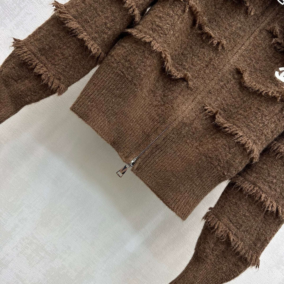 CC 26s Fringed Knit Zip Up Jacket Brown Wool Cashmere 434126