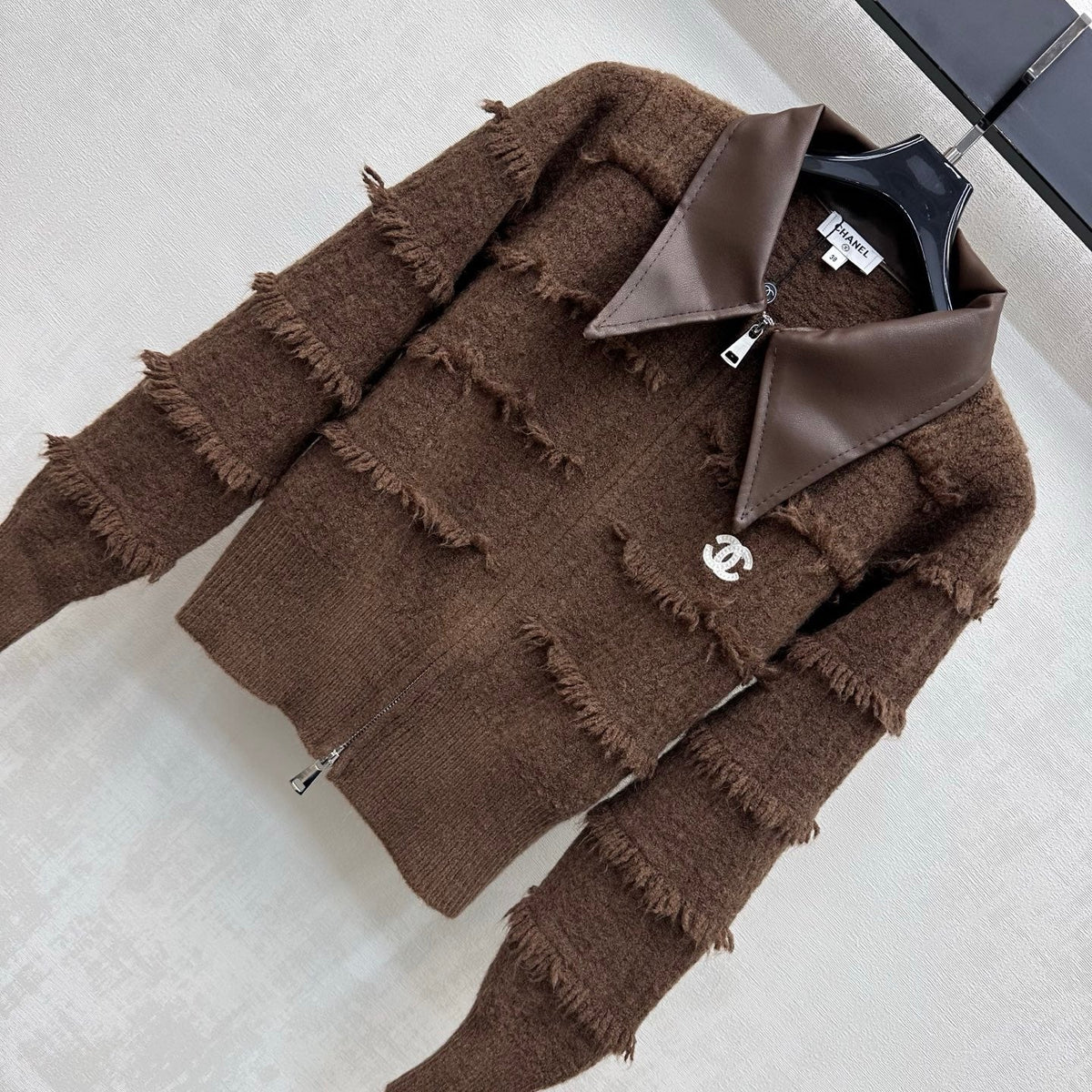 CC 26s Fringed Knit Zip Up Jacket Brown Wool Cashmere 434126