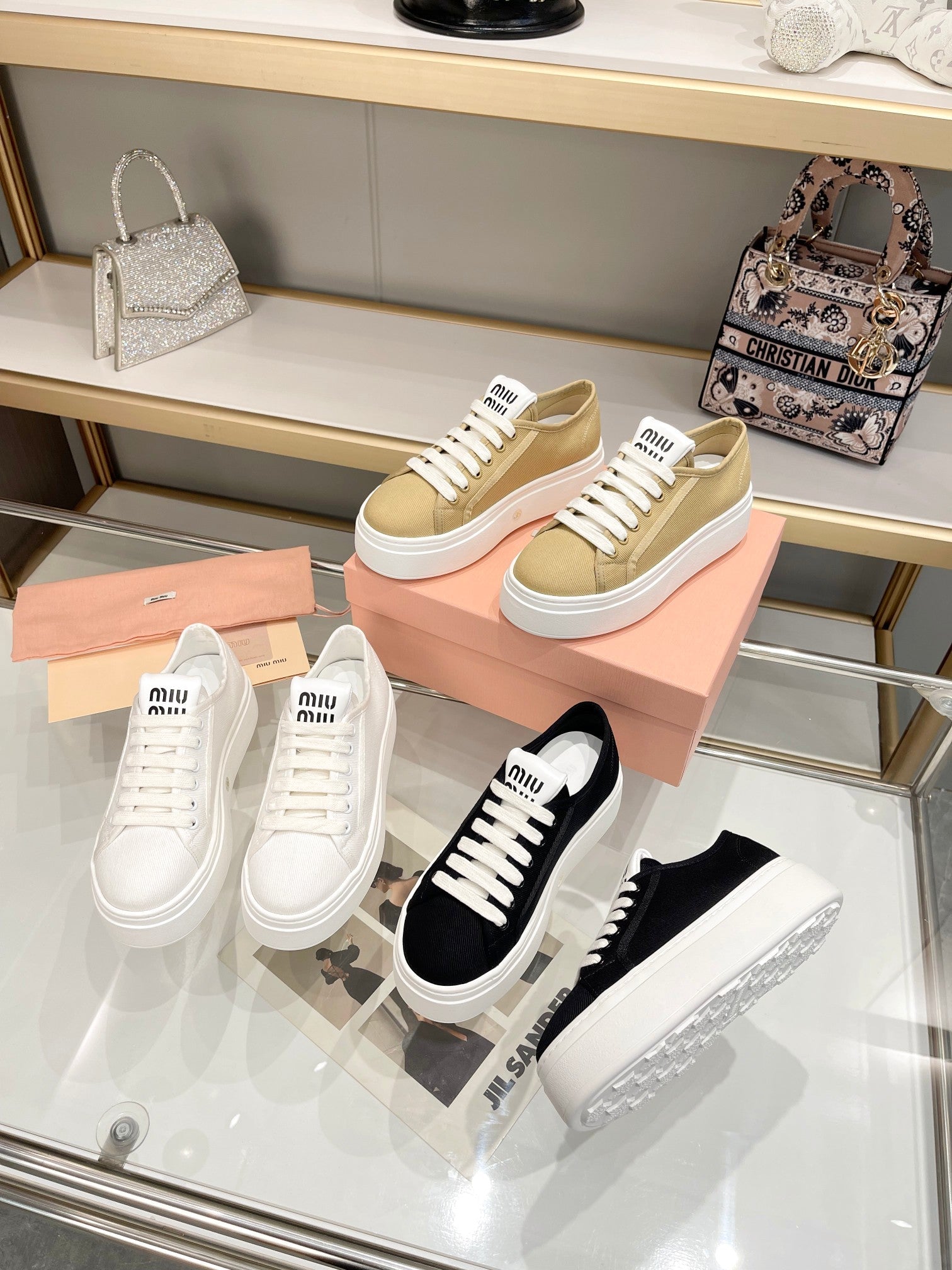 Miu Low Top Skateboard Shoes 50mm White Canvas Cowhide 456836