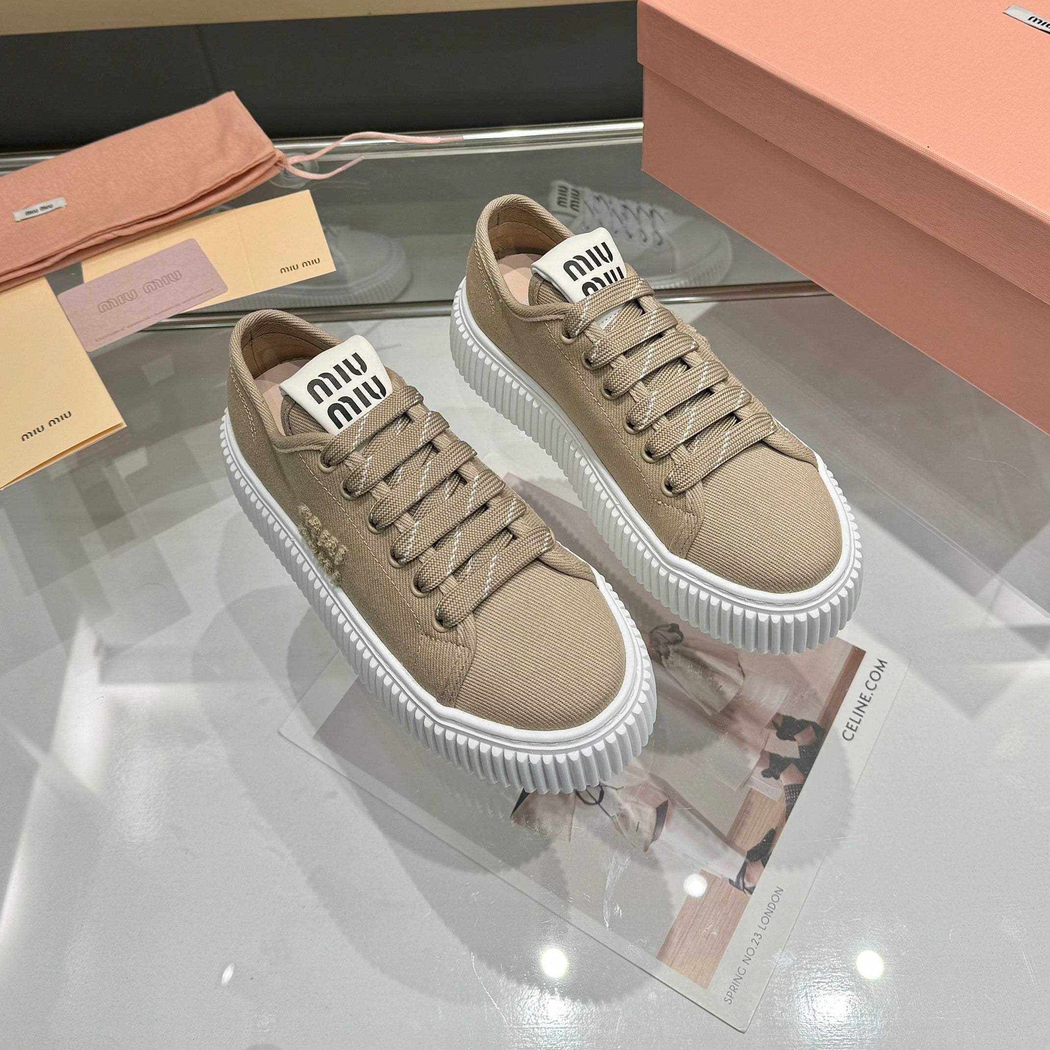 Miu logo-patch sneakers 45mm Dark Sand Canvas 456832