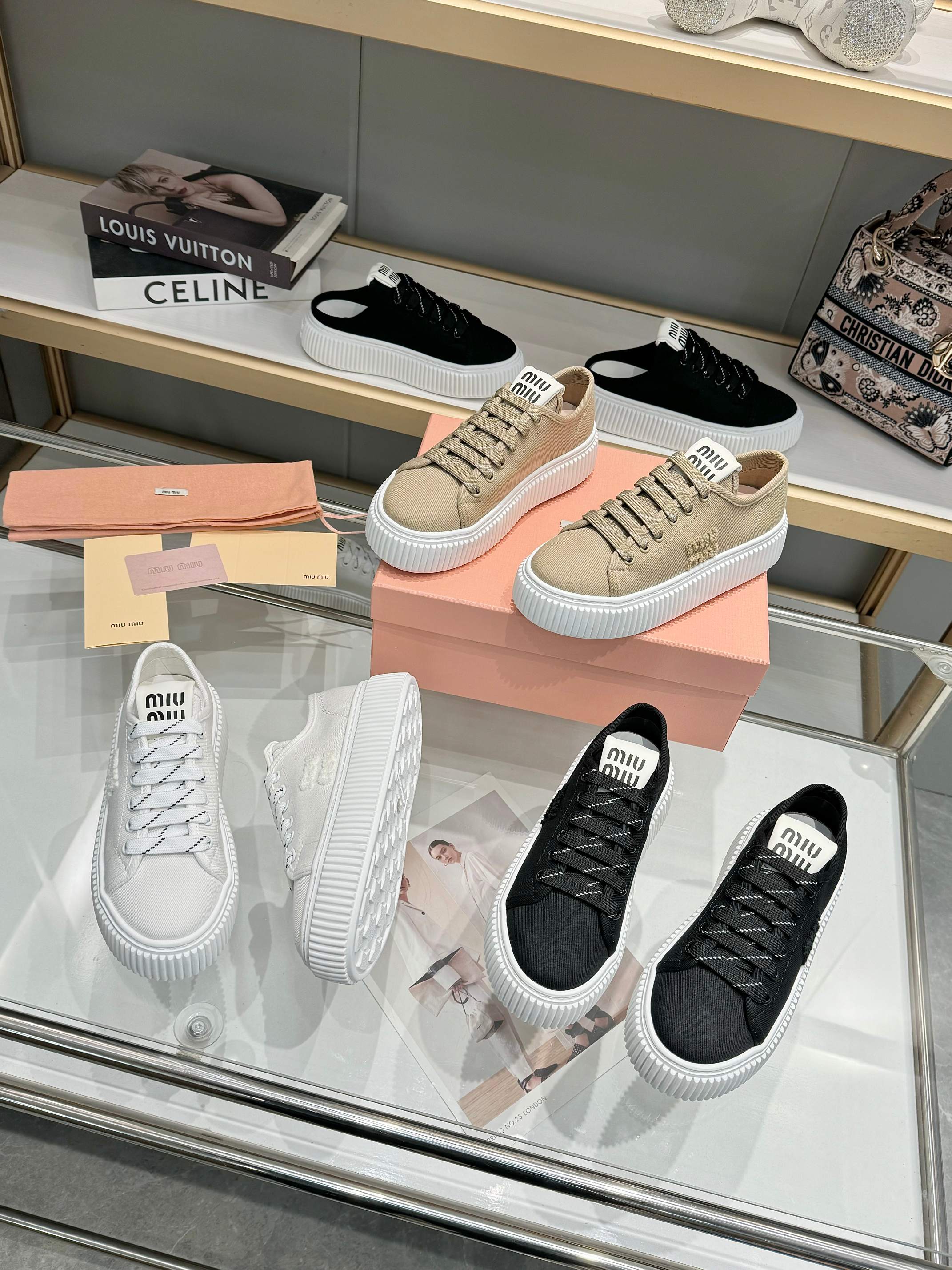 Miu logo-patch sneakers 45mm Dark Sand Canvas 456832