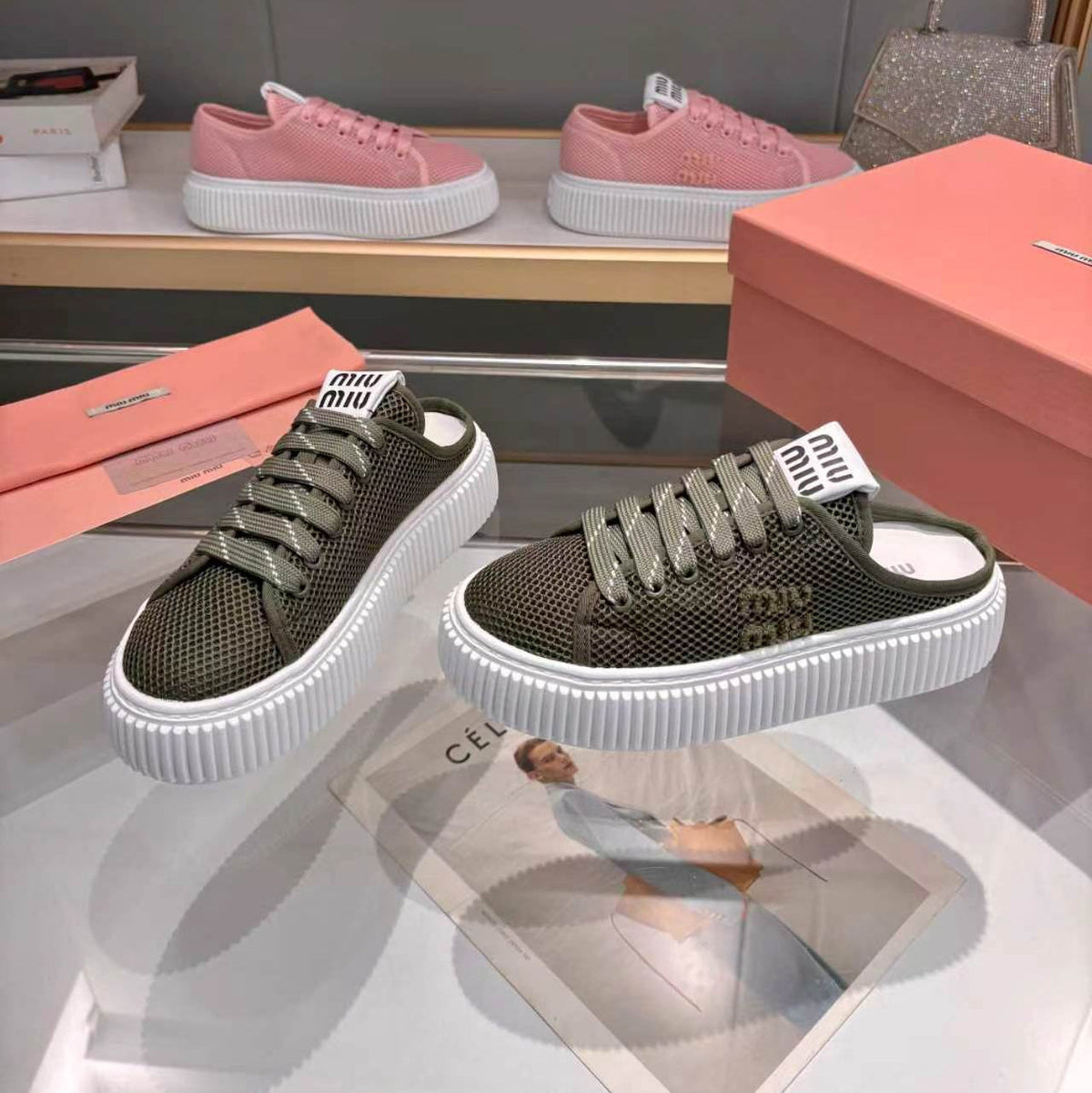 Miumiu 26s Sneaker Mules 45mm In Dark Olive Green Mesh