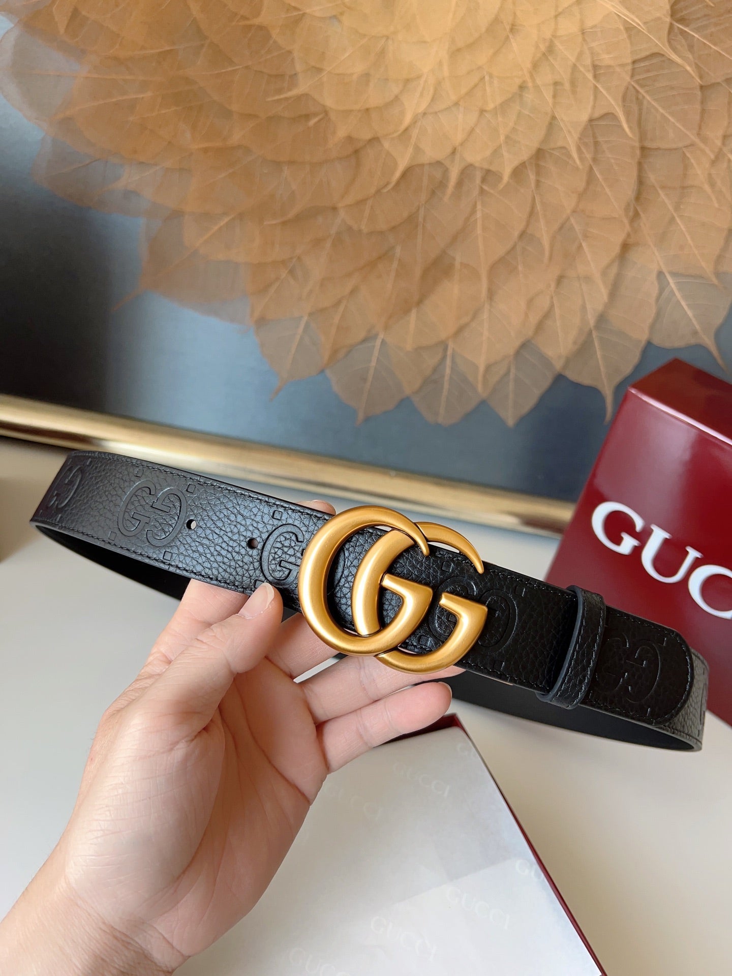 DOUBLE G MARMONT GOLD BUCKLE 37MM BLACK  EMBOSSED LEATHER