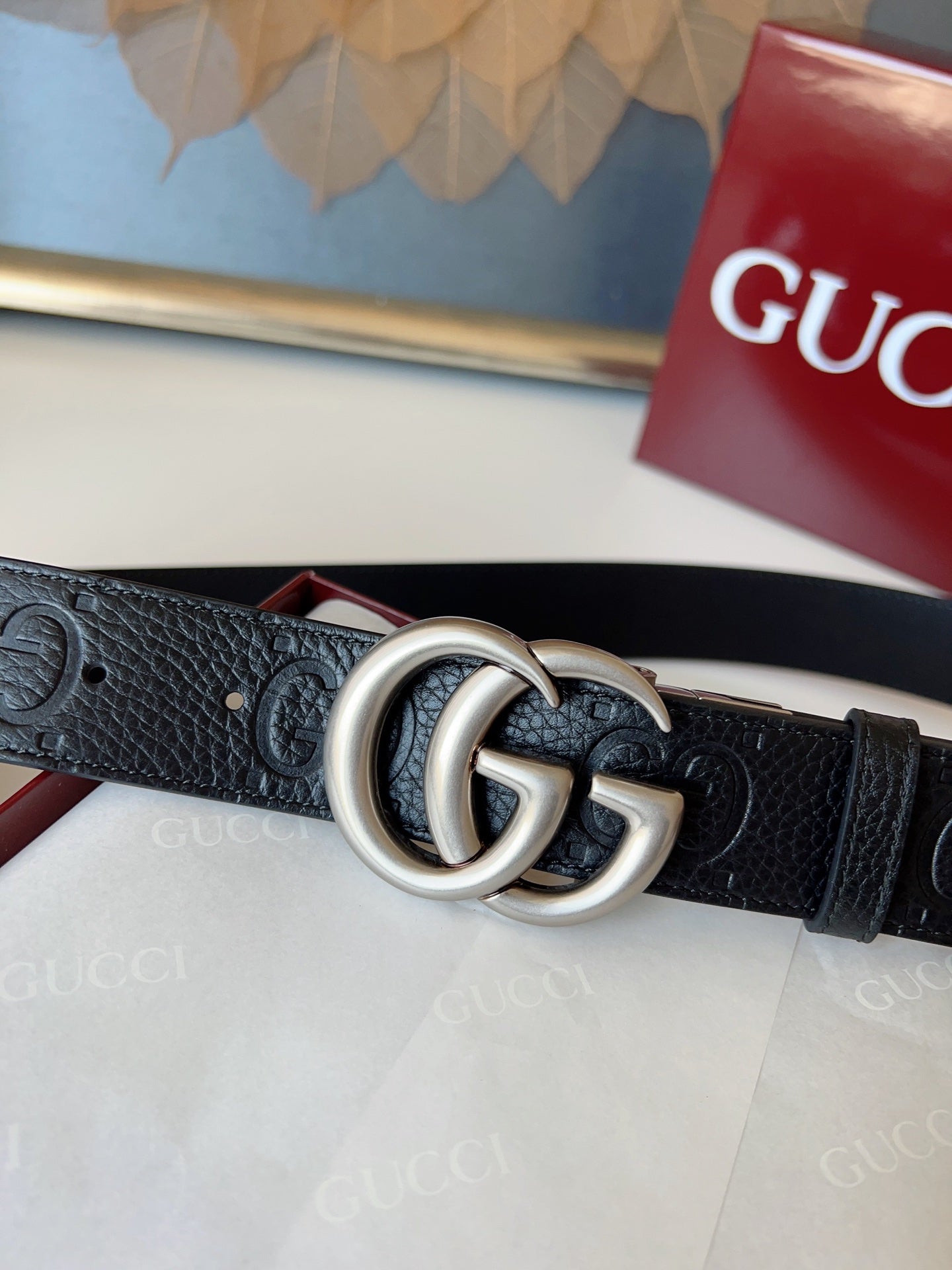 DOUBLE G MARMONT SLIVER BUCKLE 37MM BLACK  EMBOSSED LEATHER