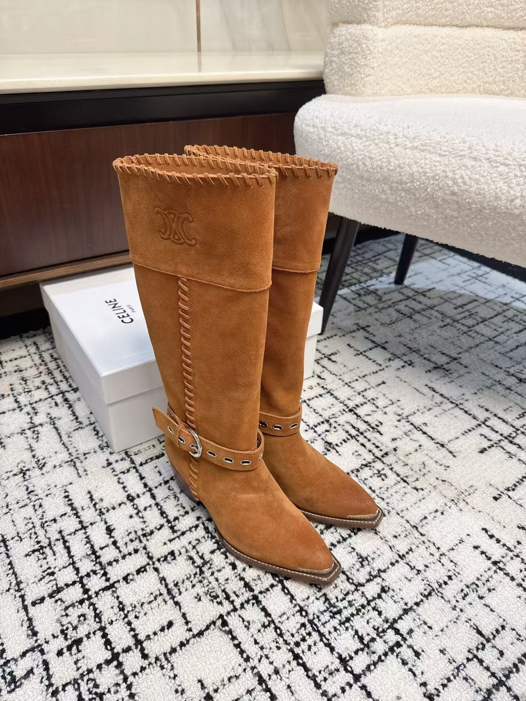 Celine 26S Western Buckle Jumping Boots 4.5cm Orange Brown Suede 118186