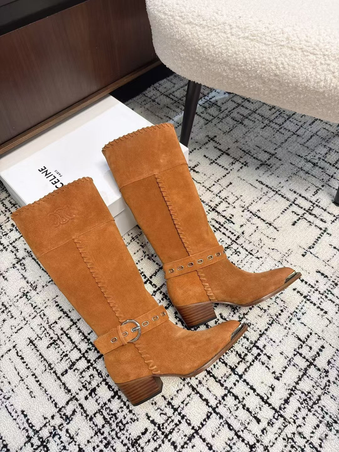 Celine 26S Western Buckle Jumping Boots 4.5cm Orange Brown Suede 118186