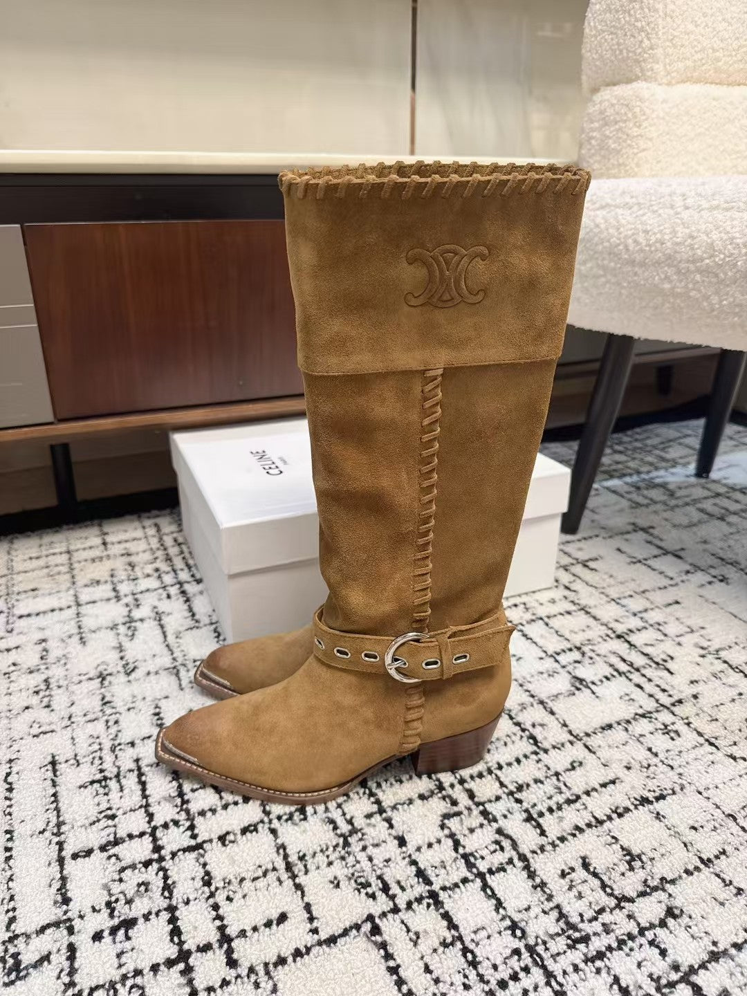 Celine 26S Western Buckle Jumping Boots 4.5cm Brown Suede 118187