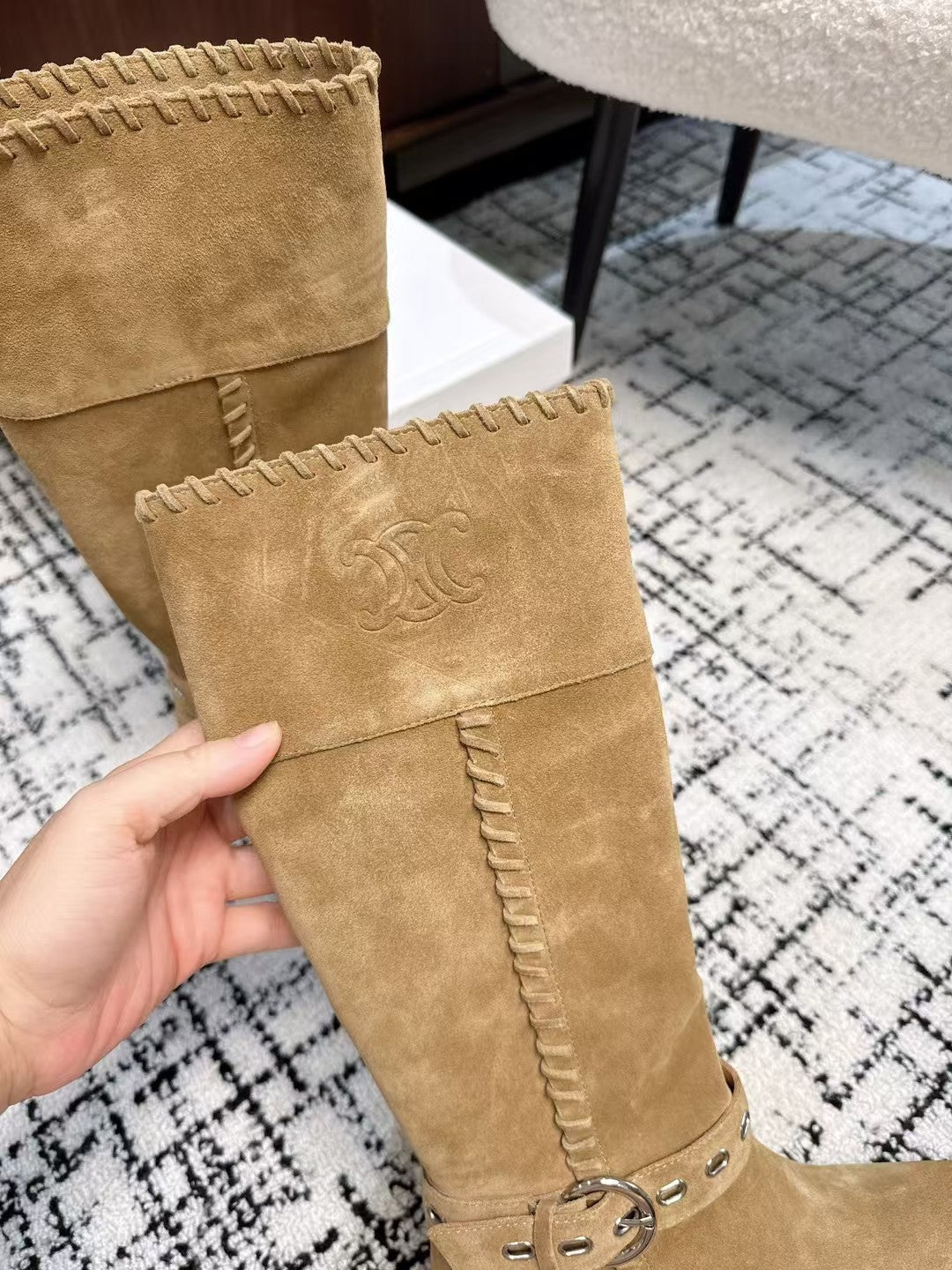 Celine 26S Western Buckle Jumping Boots 4.5cm Tan Suede 118188