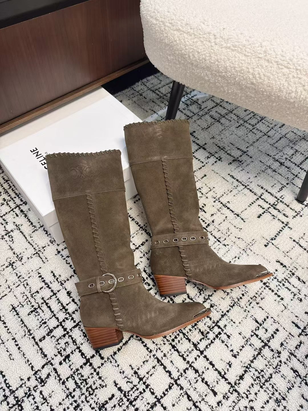 Celine 26S Western Buckle Jumping Boots 4.5cm Khaki Suede 118189
