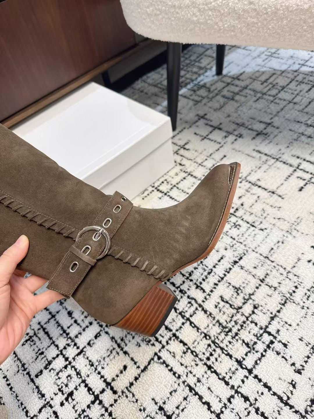 Celine 26S Western Buckle Jumping Boots 4.5cm Khaki Suede 118189