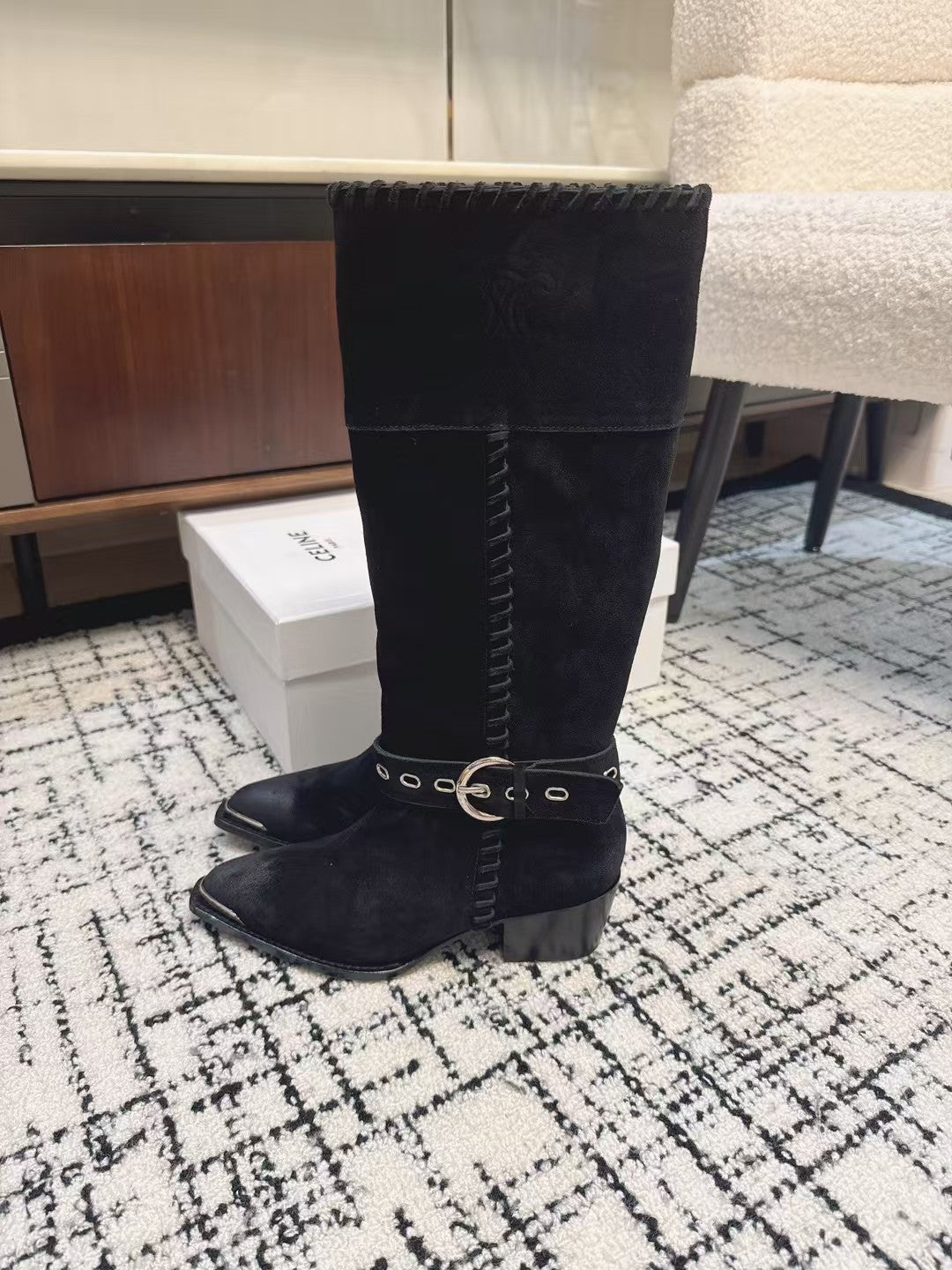 Celine 26S Western Buckle Jumping Boots 4.5cm Black Suede 118190