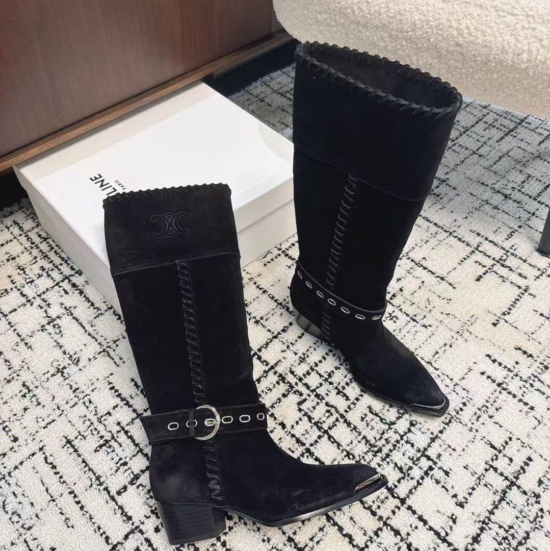 Celine 26S Western Buckle Jumping Boots 4.5cm Black Suede 118190